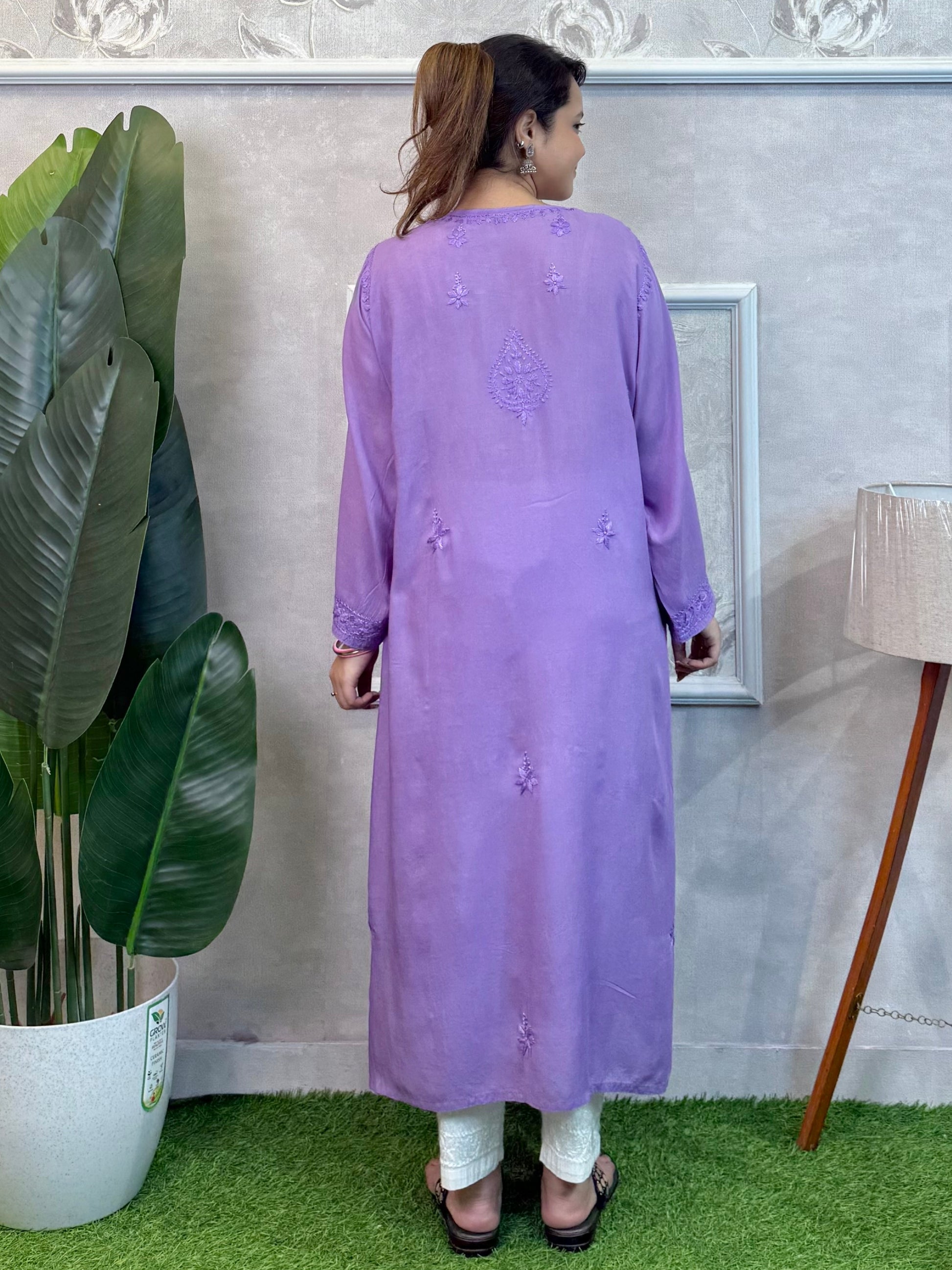 Lavender modal chikankari kurta with hand embroidery, soft and comfortable wear.