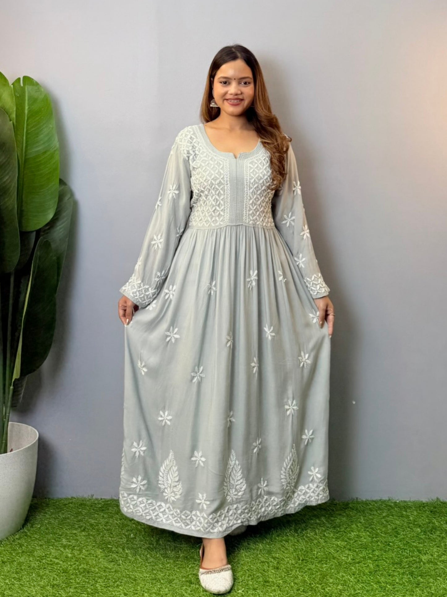 Mist grey modal chikankari long frock with floral hand embroidery and flare design