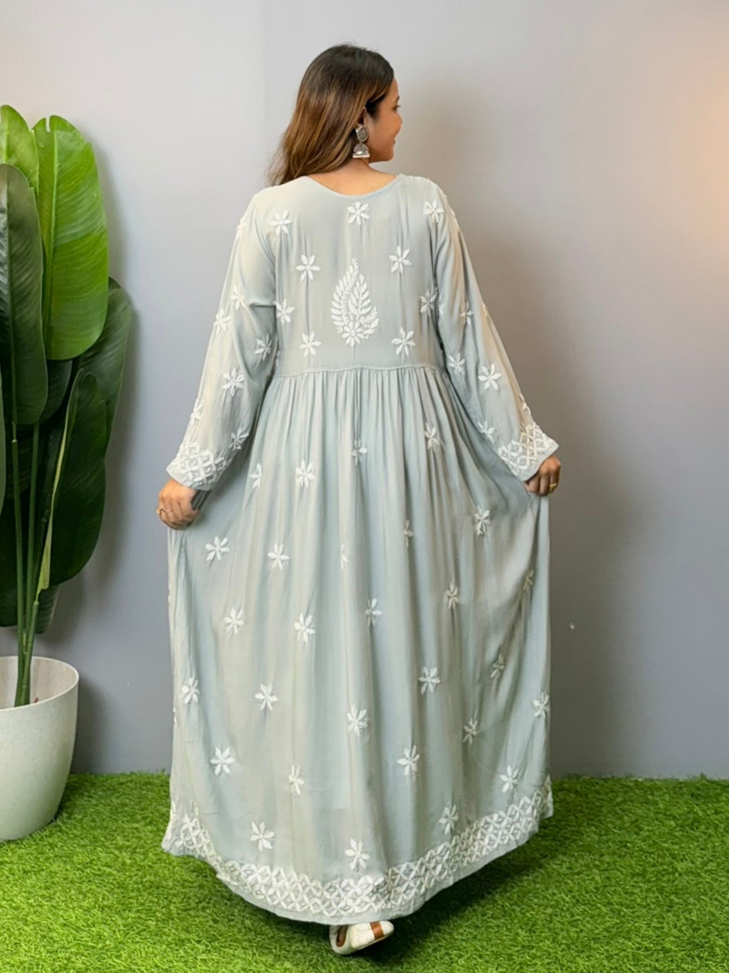 Mist grey modal chikankari long frock with floral hand embroidery and flare design