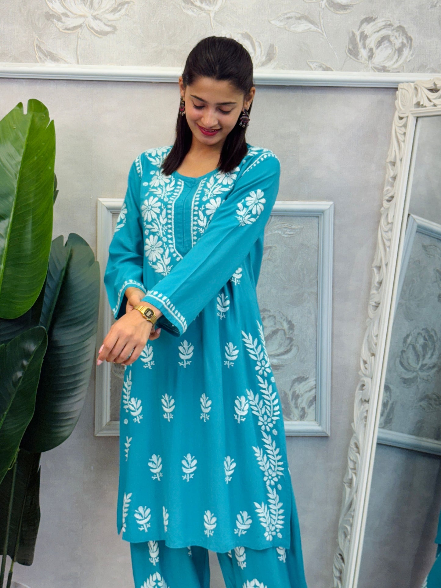 Turquoise rayon chikankari kurta and Afghani pant set with white hand embroidery