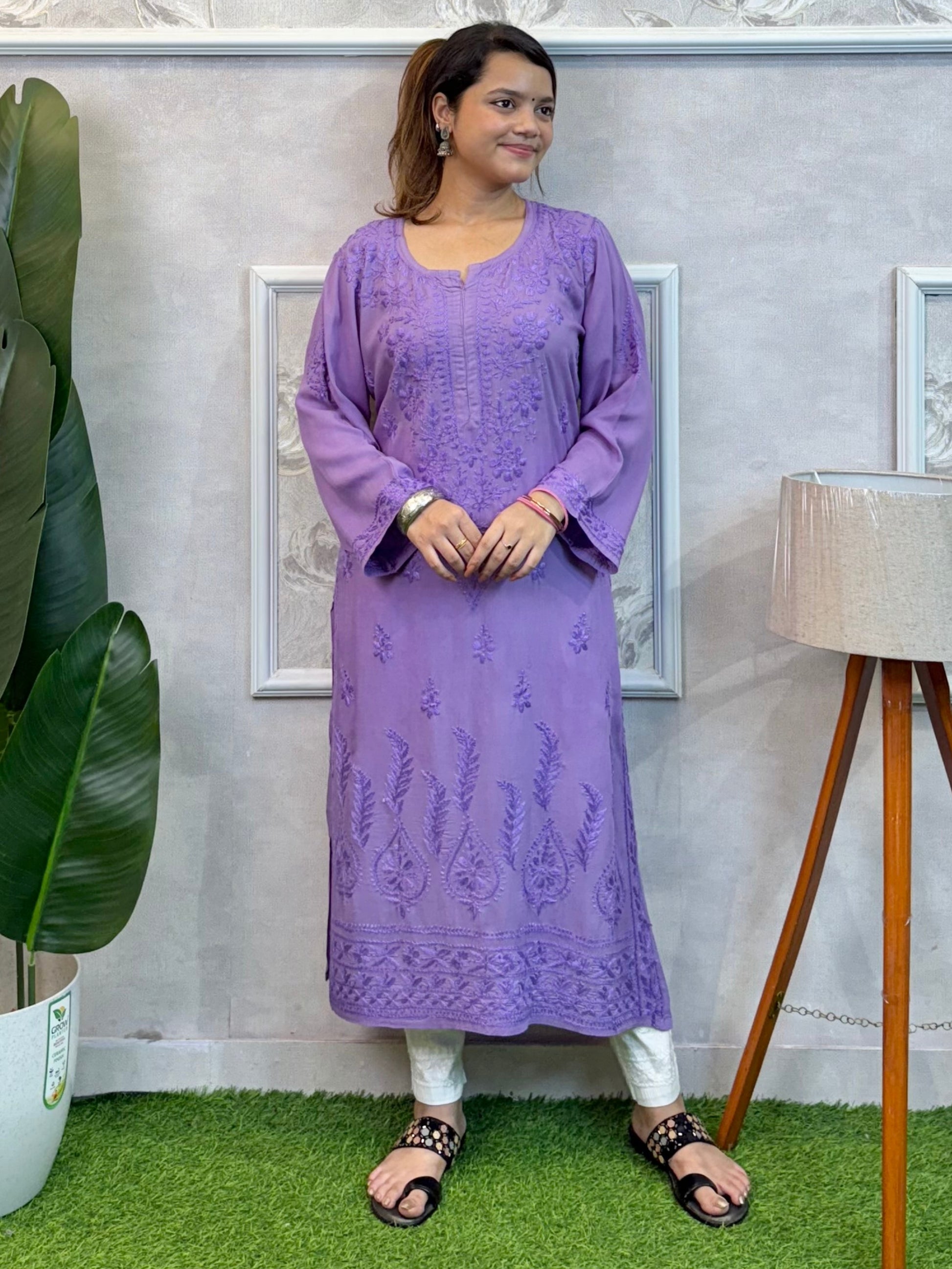Lavender modal chikankari kurta with hand embroidery, soft and comfortable wear.