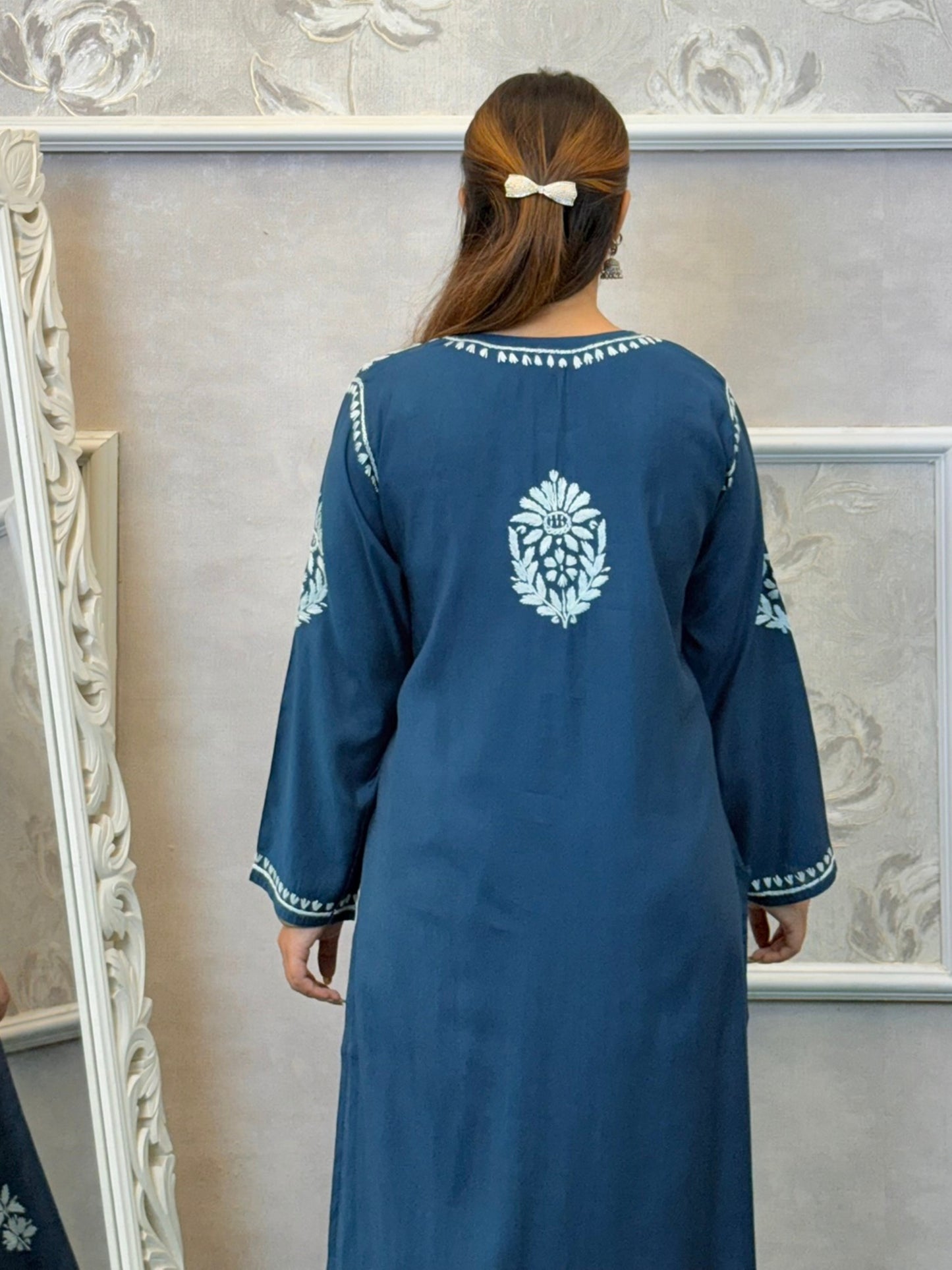 Teal blue Roman silk Lucknowi Chikankari kurta and pant set with elegant white hand embroidery