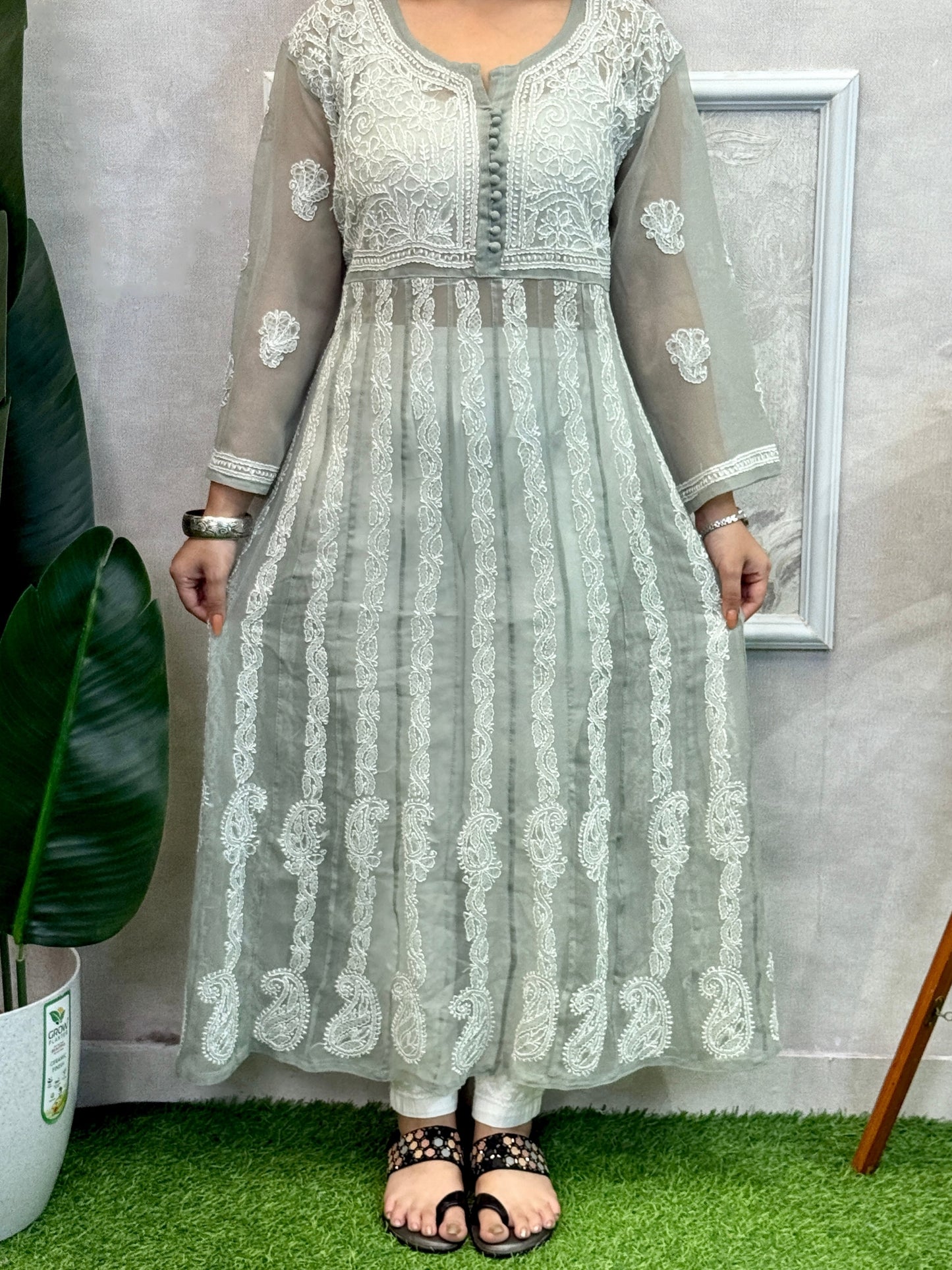Grey georgette Lucknowi chikankari kurta with delicate hand embroidery
