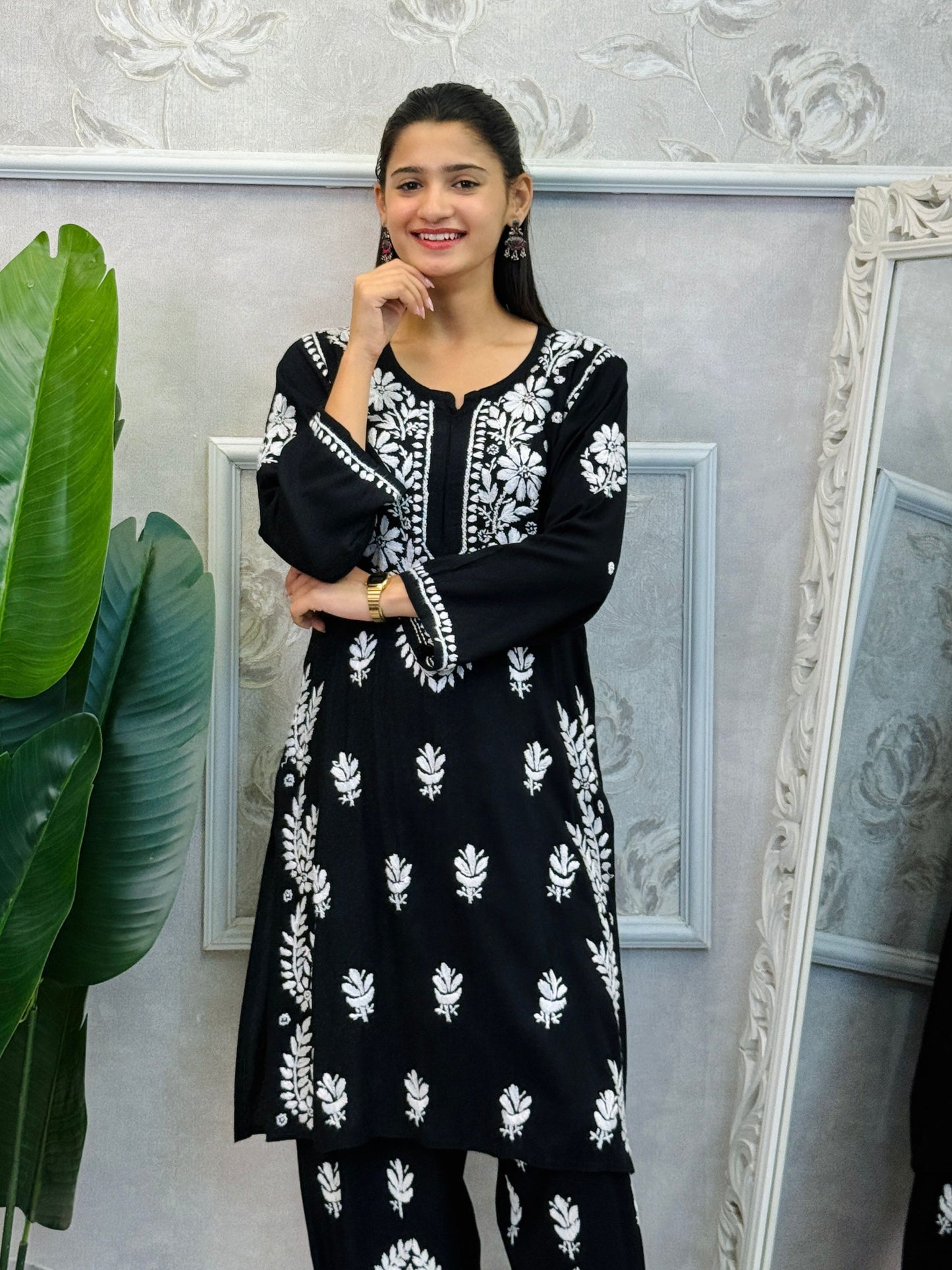 Black rayon chikankari kurta and Afghani pant set with white hand embroidery – soft and comfortable