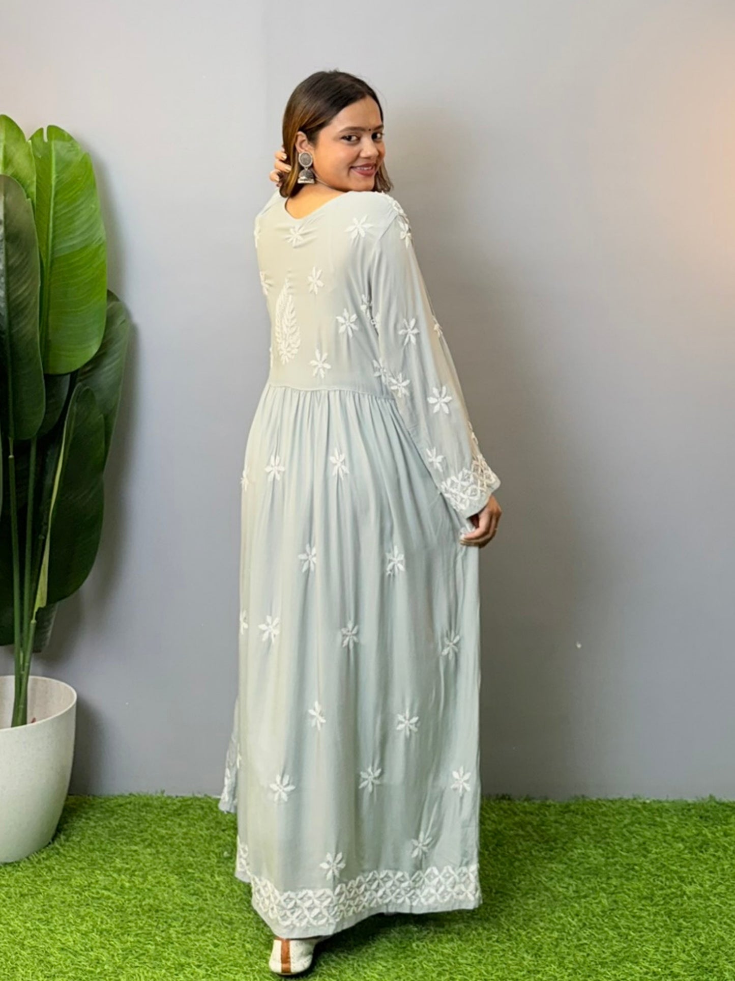 Mist grey modal chikankari long frock with floral hand embroidery and flare design