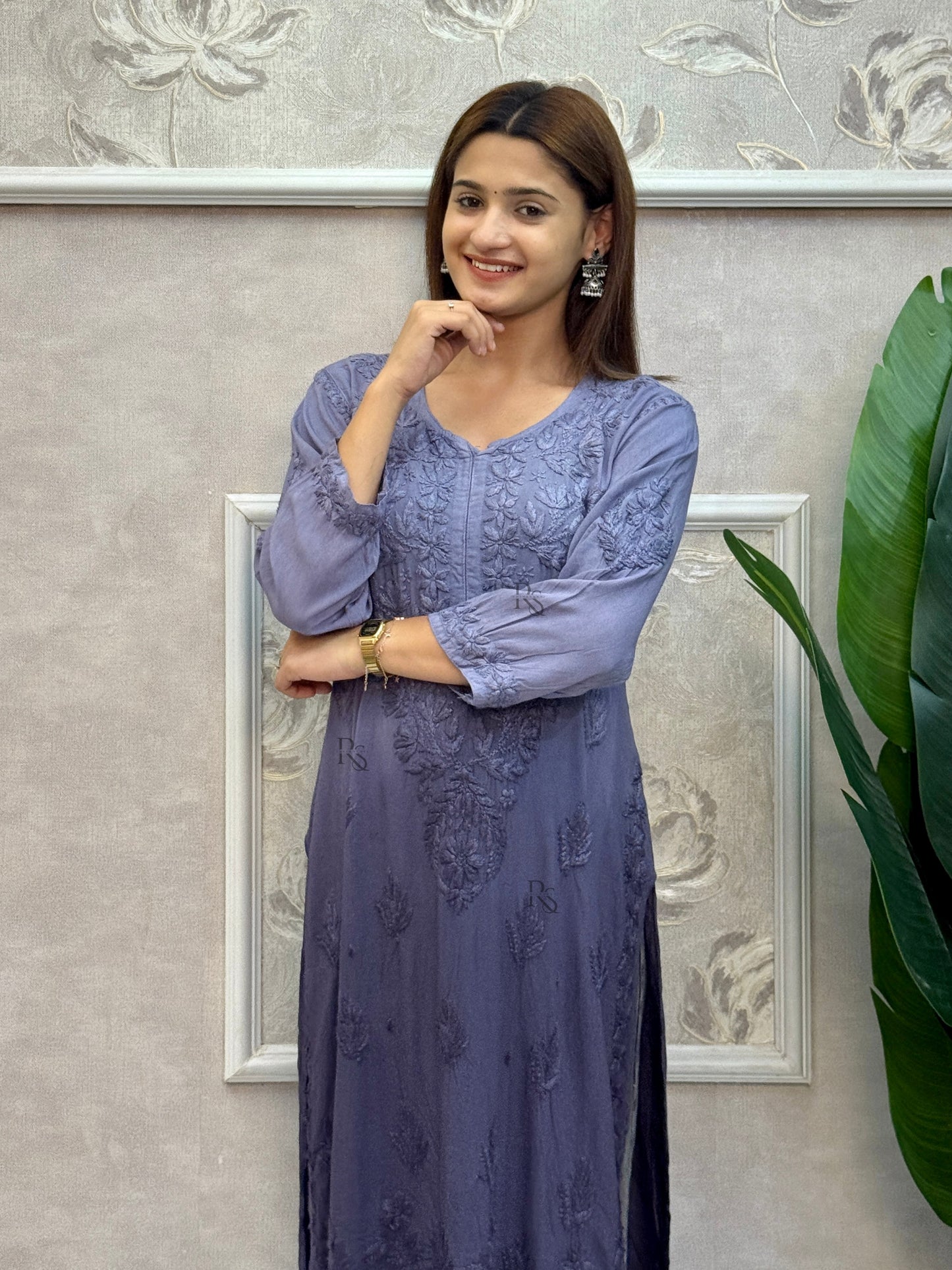Grey Lucknow chikankari modal kurta with hand embroidery