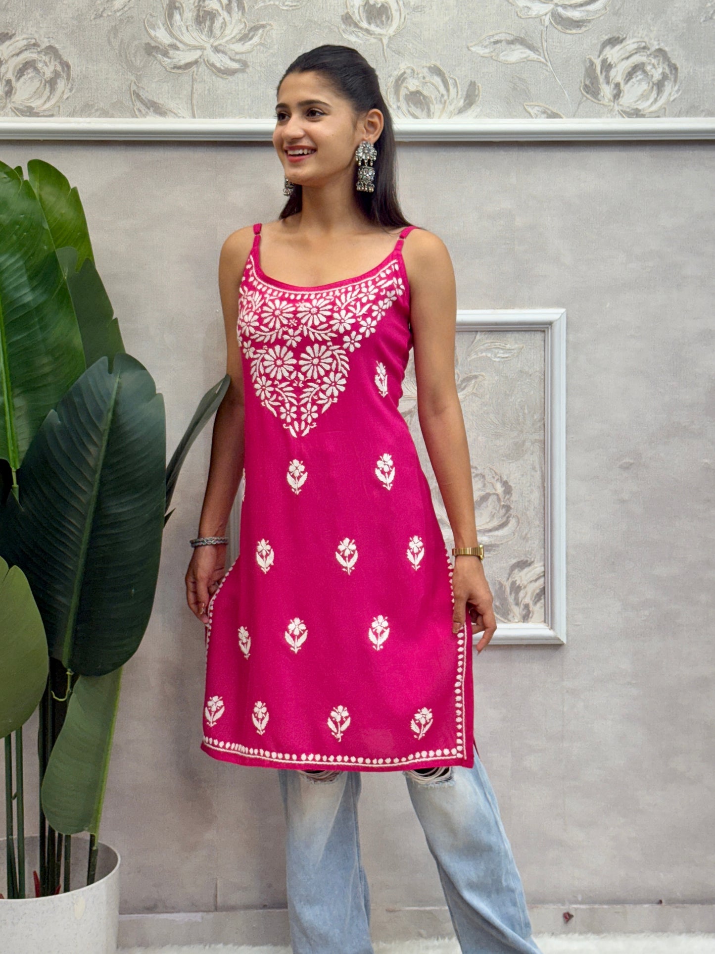 Magenta Pink sleeveless Lucknow Chikankari short kurta with hand embroidery