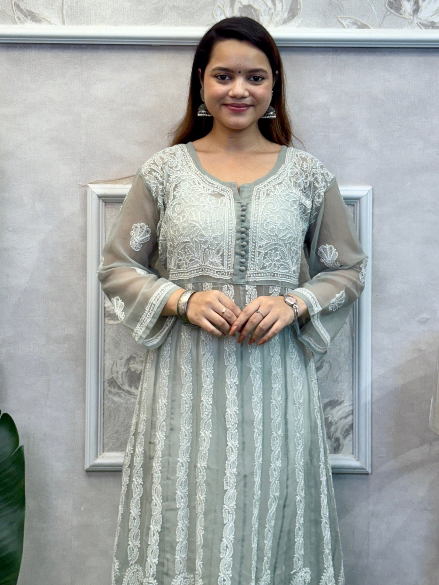 Grey georgette Lucknowi chikankari kurta with delicate hand embroidery