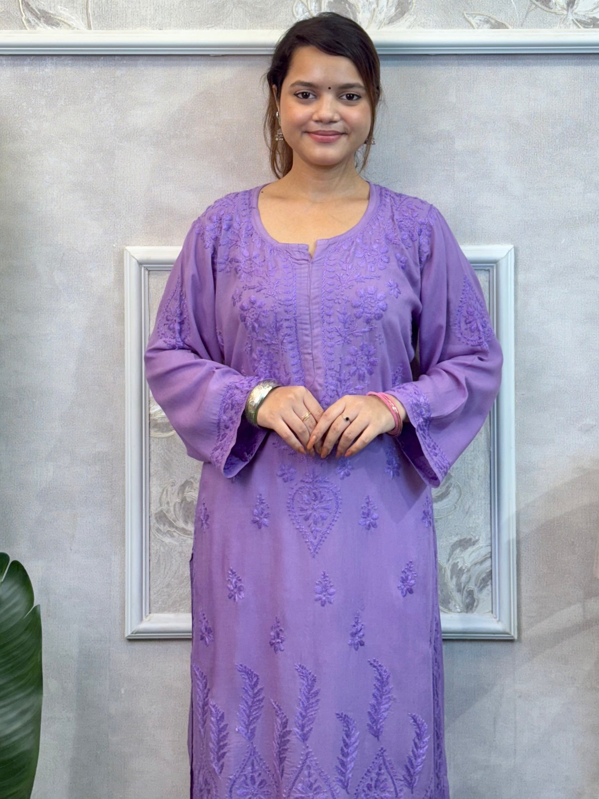 Lavender modal chikankari kurta with hand embroidery, soft and comfortable wear.