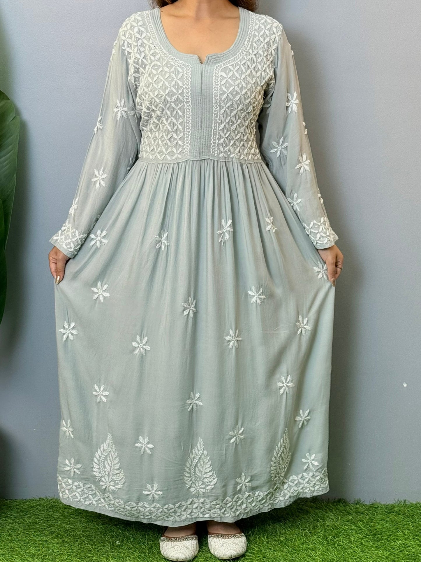 Mist grey modal chikankari long frock with floral hand embroidery and flare design