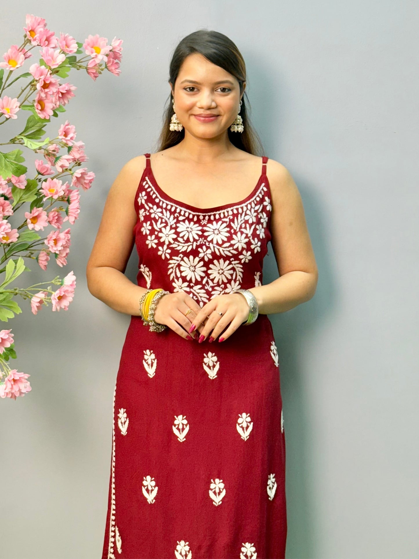Maroon rayon sleeveless chikankari short kurta with hand embroidery