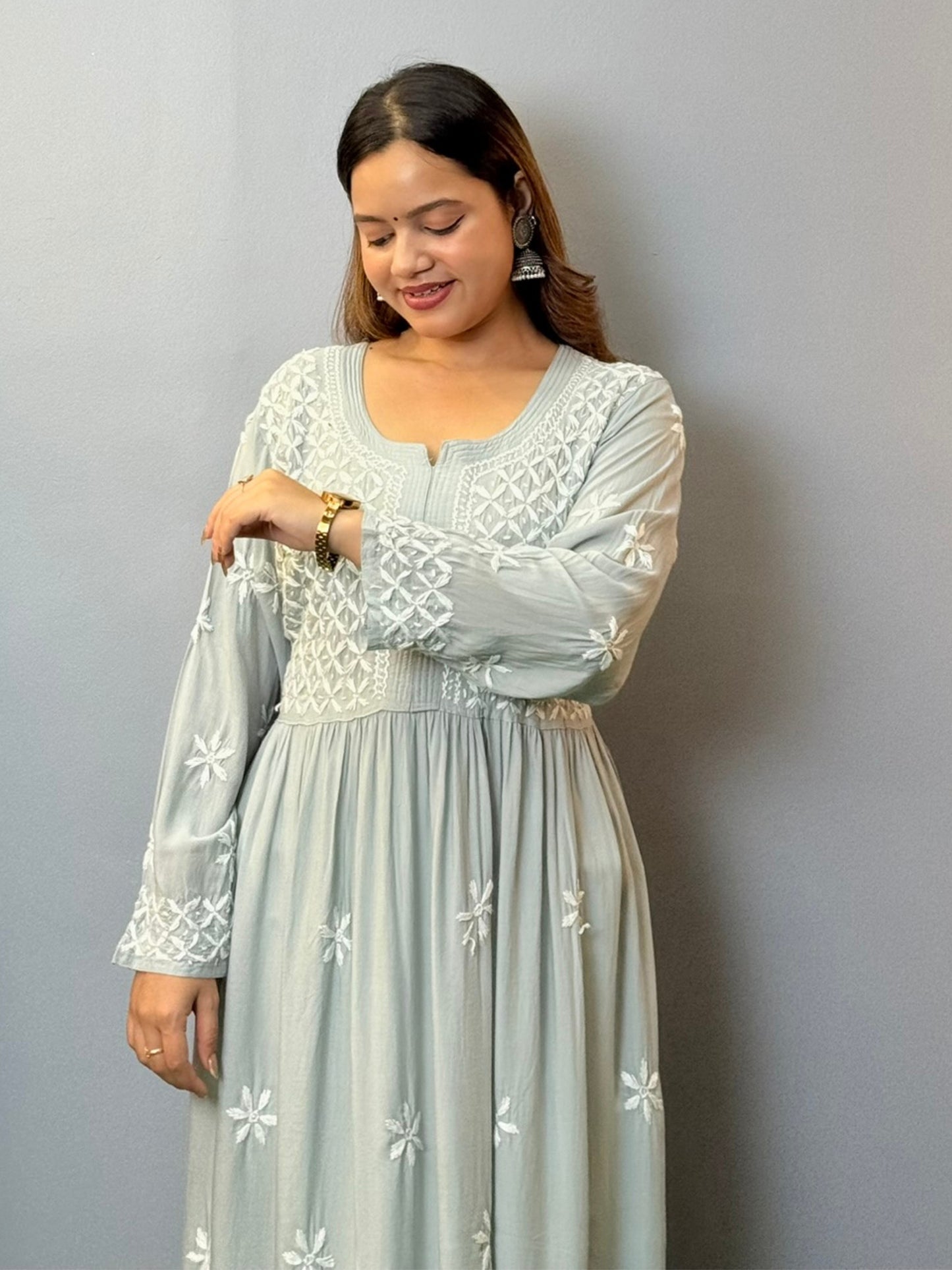 Mist grey modal chikankari long frock with floral hand embroidery and flare design