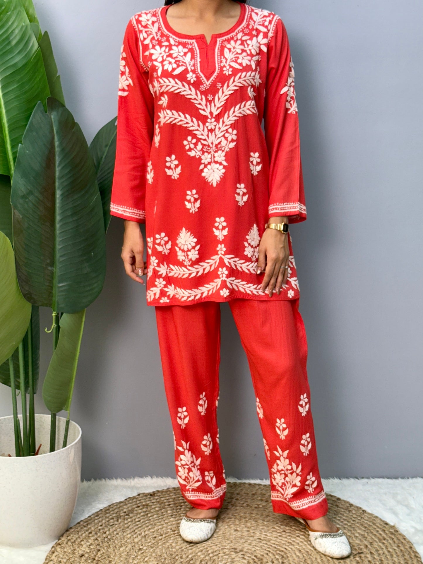 Red rayon chikankari short kurta and pant set with printed design and hand embroidery