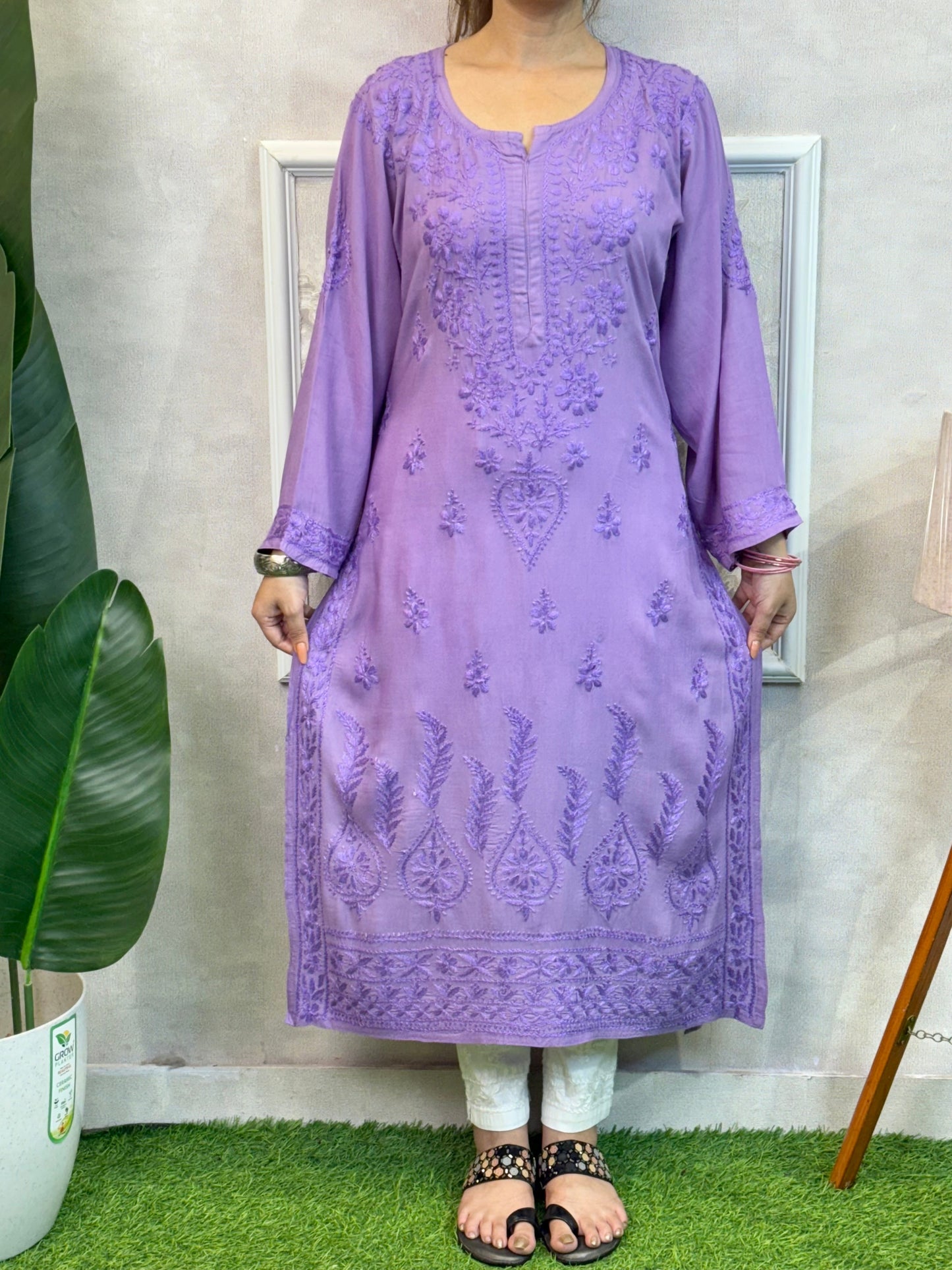 Lavender modal chikankari kurta with hand embroidery, soft and comfortable wear.