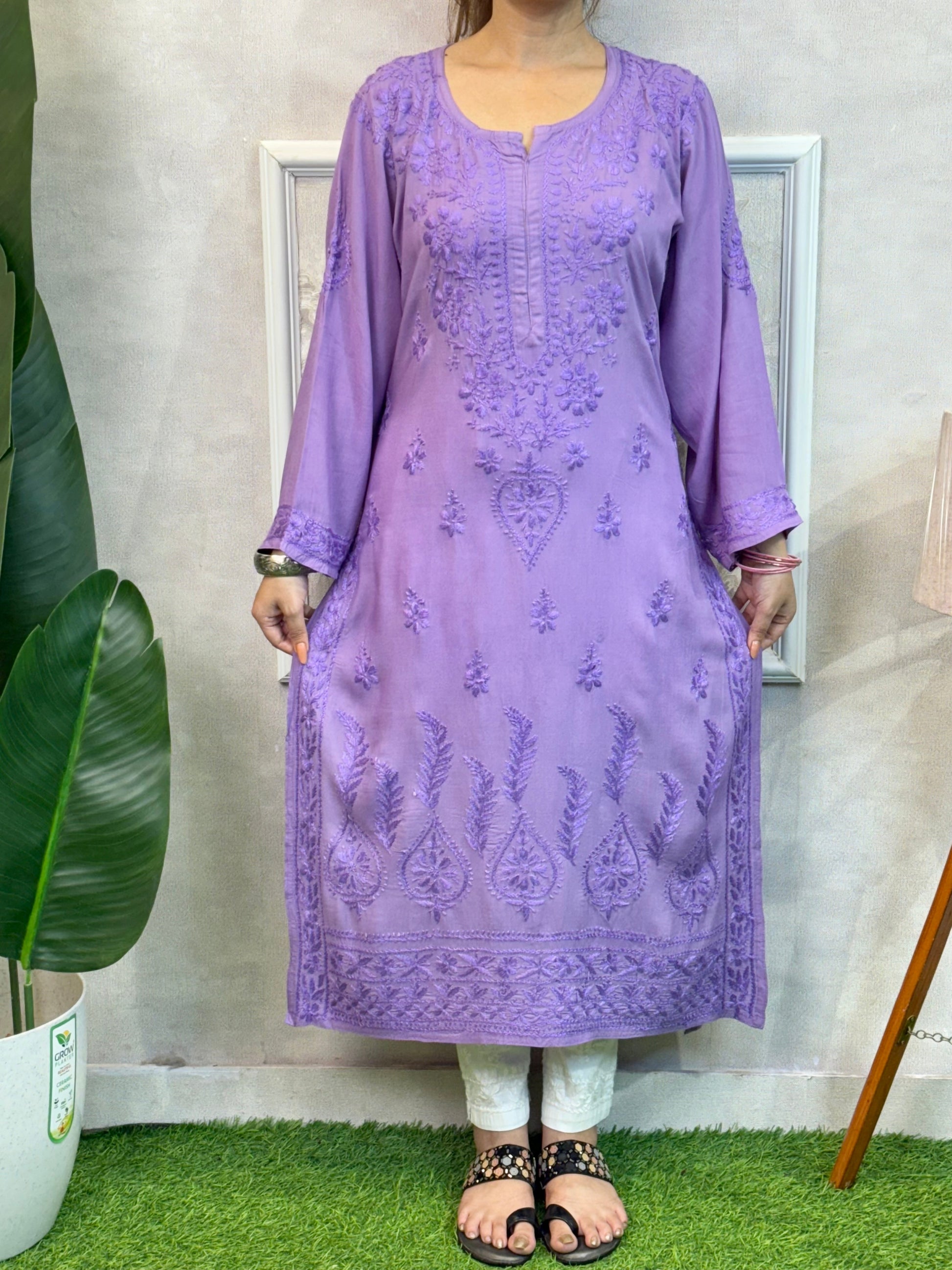 Lavender modal chikankari kurta with hand embroidery, soft and comfortable wear.