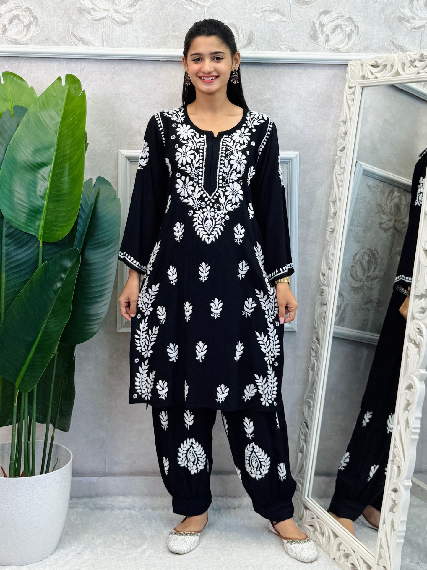 Black rayon chikankari kurta and Afghani pant set with white hand embroidery – soft and comfortable