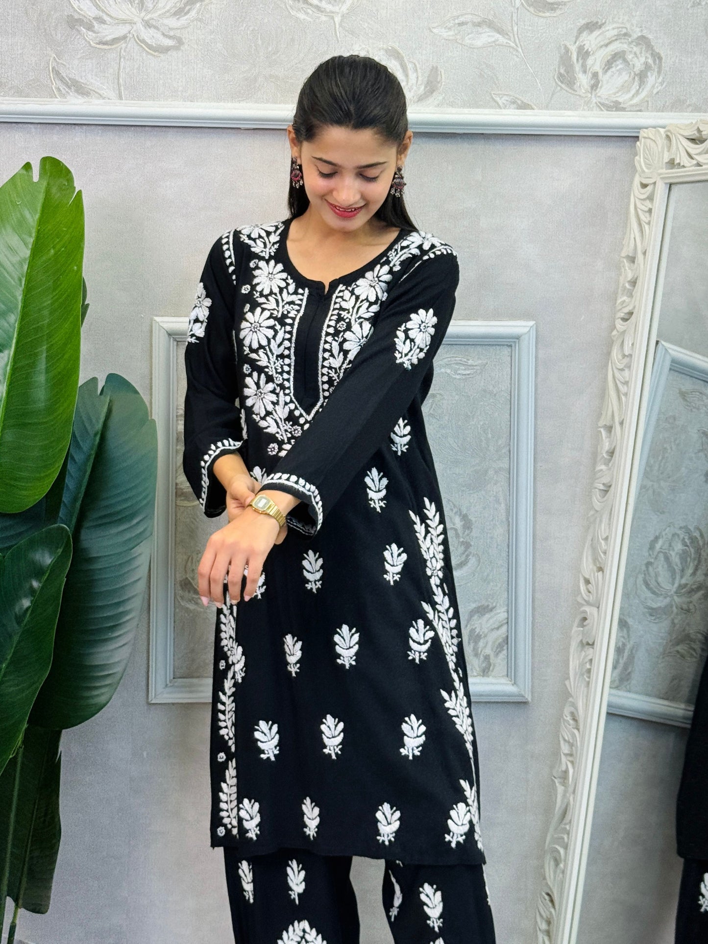 Black rayon chikankari kurta and Afghani pant set with white hand embroidery – soft and comfortable
