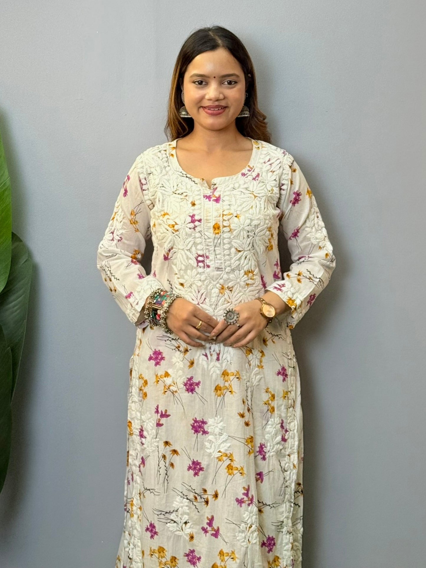 White mulmul chikankari kurta and palazzo set with multicolor floral print and 3D hand embroidery