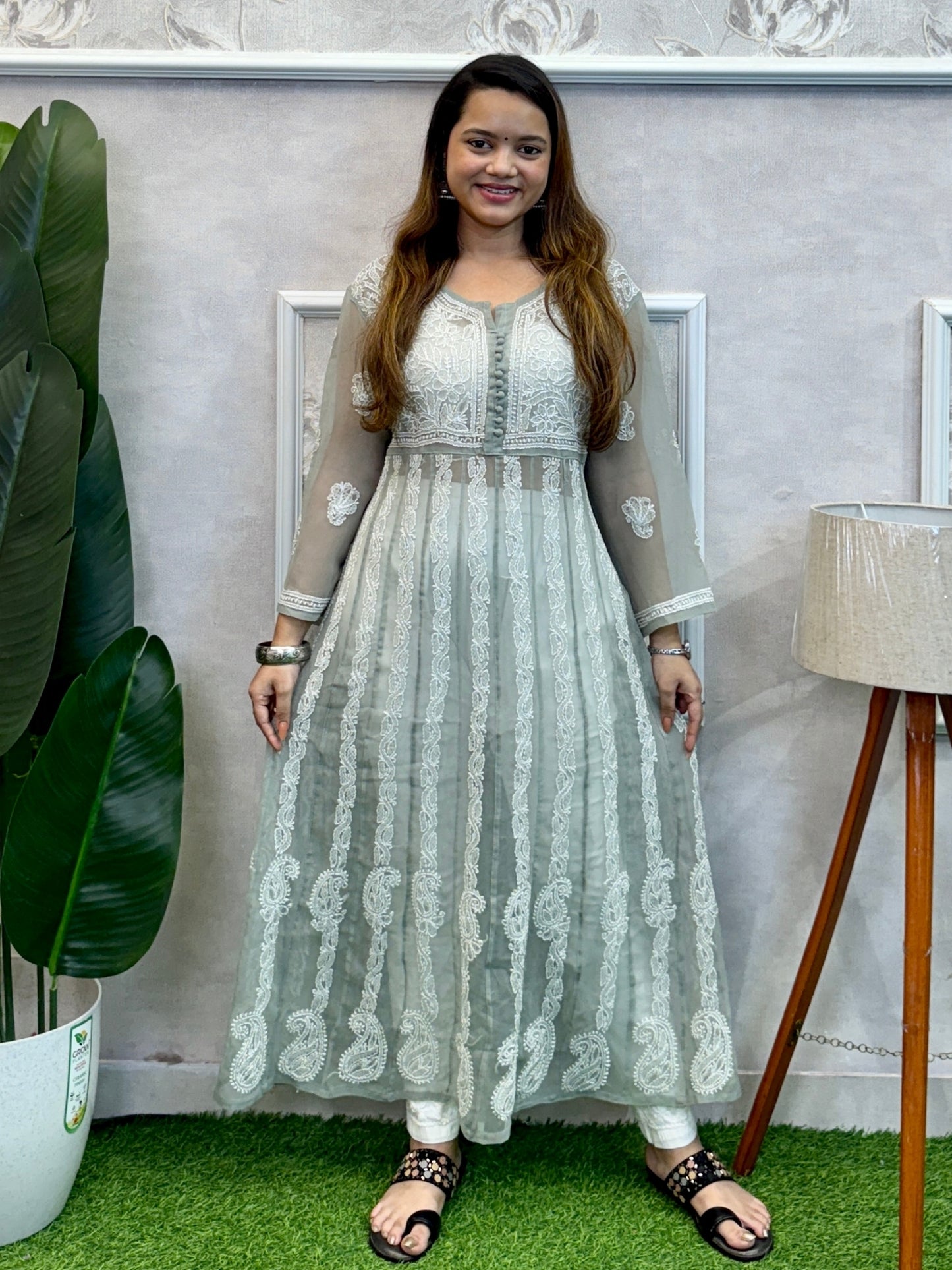 Grey georgette Lucknowi chikankari kurta with delicate hand embroidery