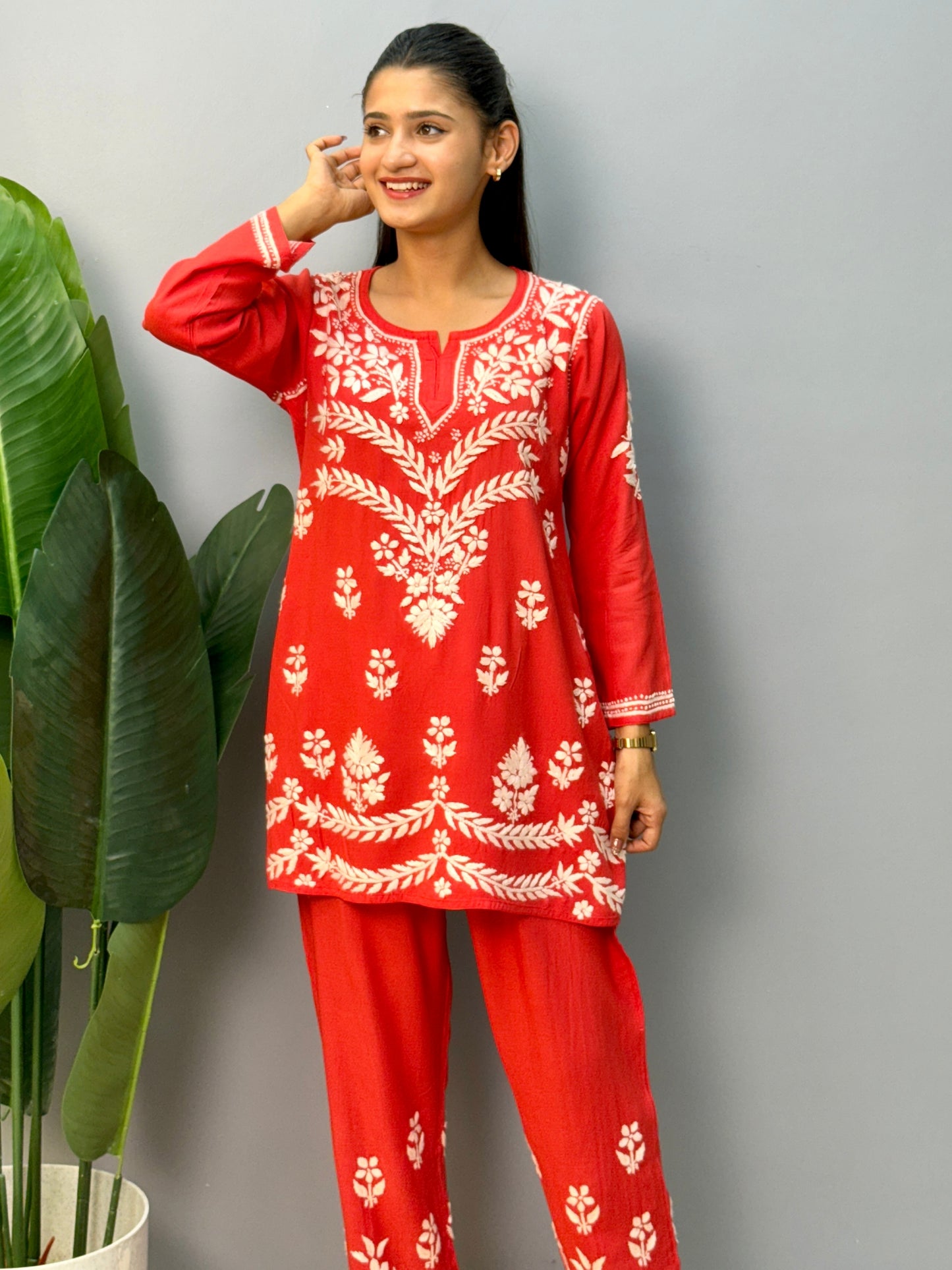 Red rayon chikankari short kurta and pant set with printed design and hand embroidery
