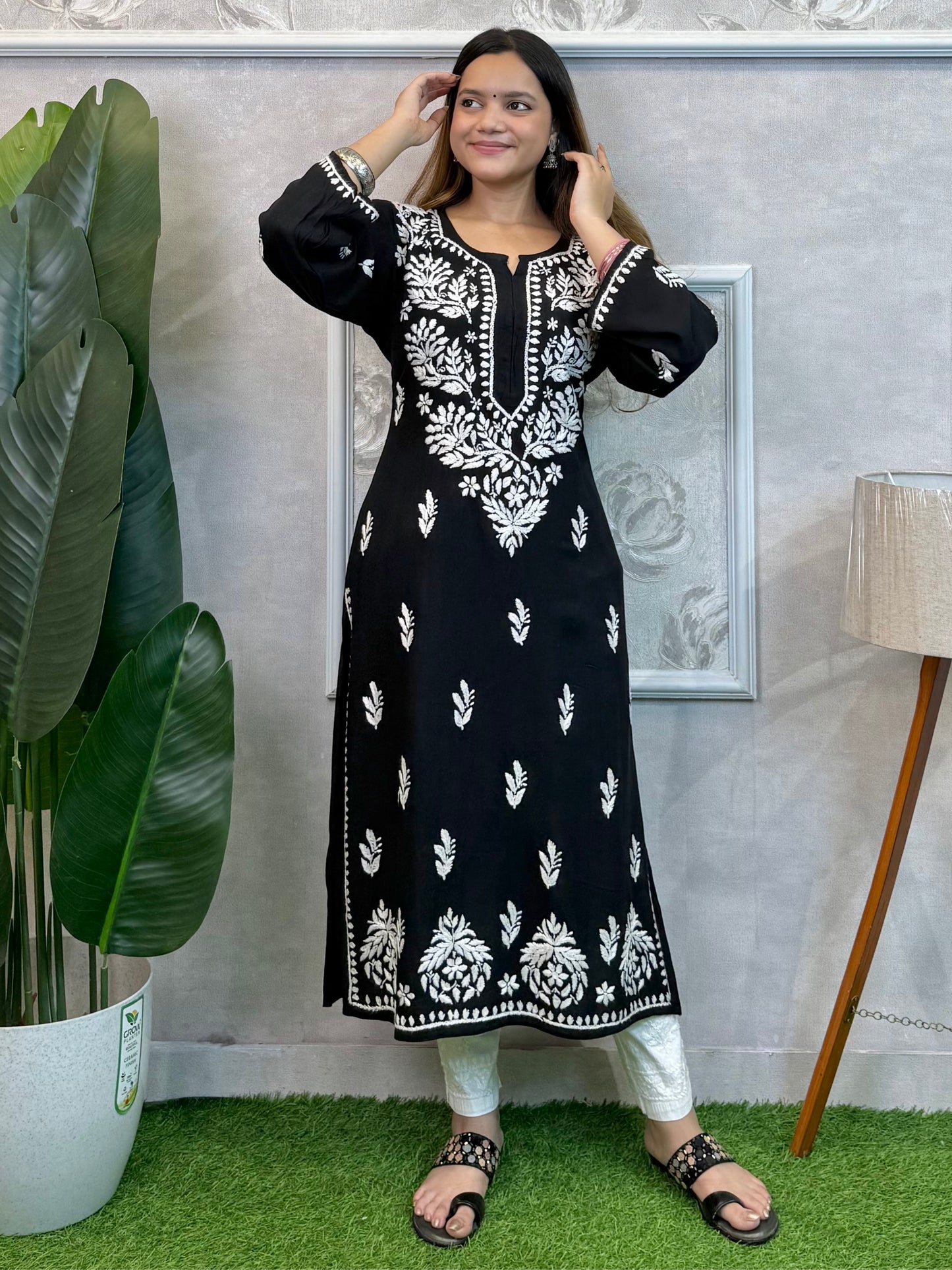 Black rayon Lucknow Chikankari kurta with white hand embroidery – soft and comfortable casual wear