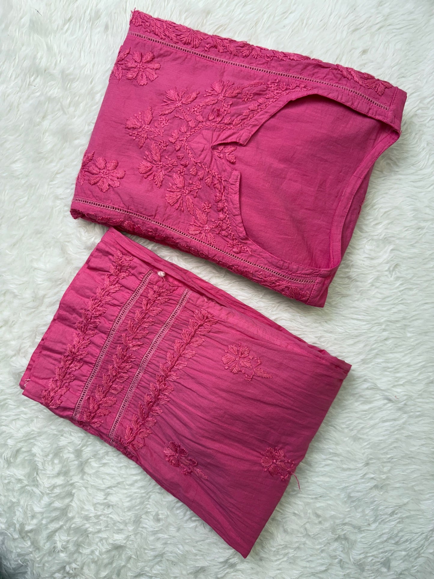 Pink cotton chikankari pocket style short kurta with pant and hand embroidery