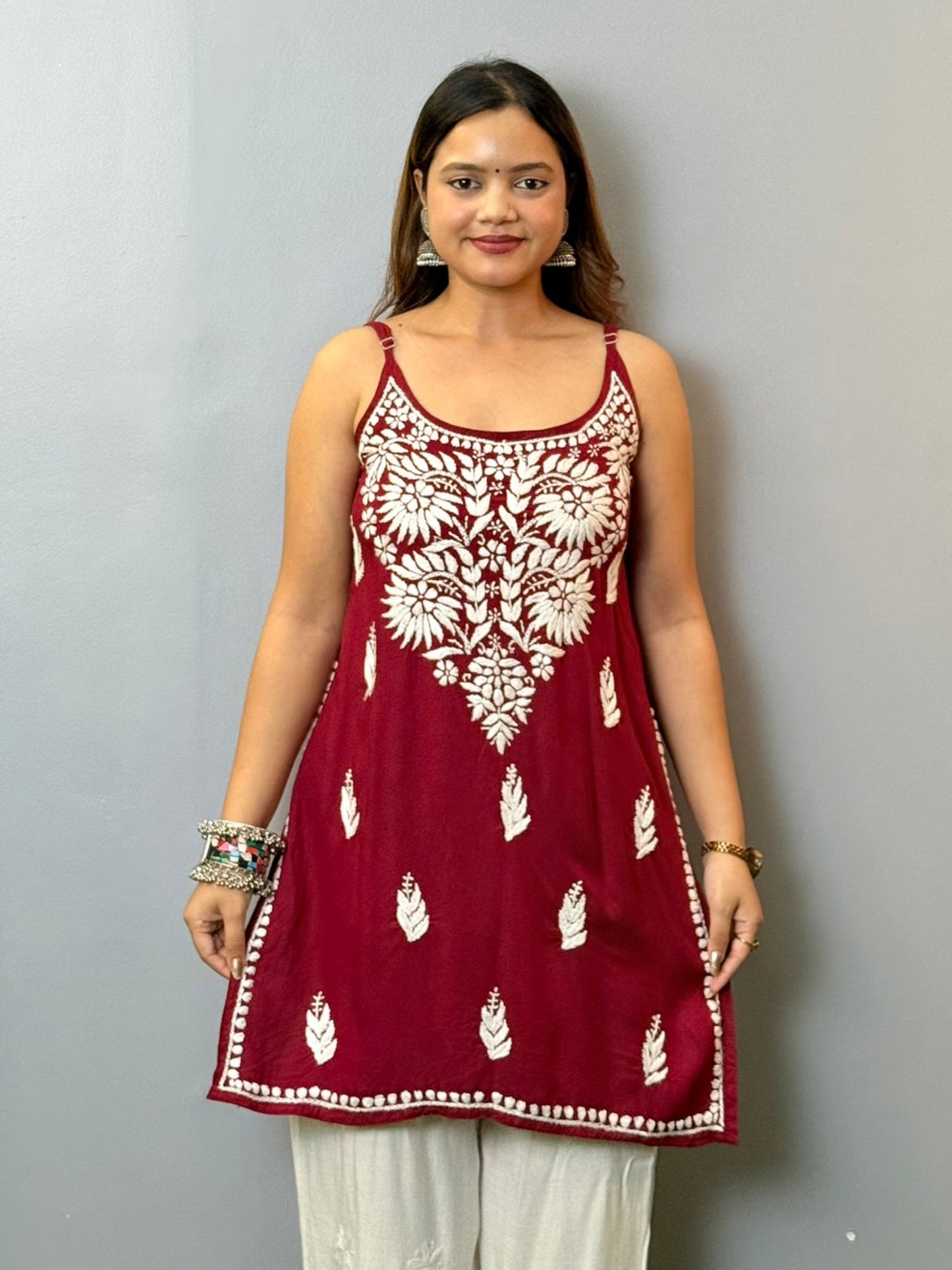 Maroon sleeveless rayon Lucknowi Chikankari short kurta with white hand embroidery
