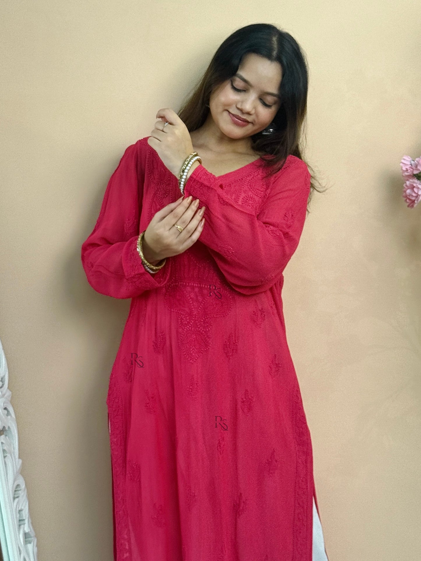 Pink Lucknow chikankari viscose kurta with hand embroidery in transy fabric