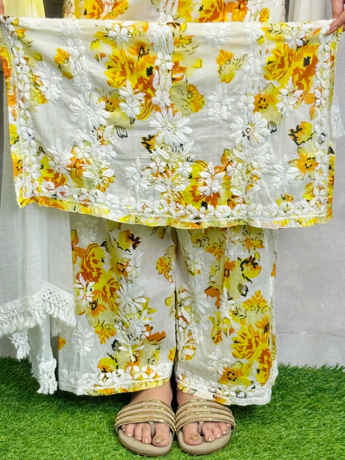 Lucknow Chikankari yellow floral printed mulmul kurta palazzo set with chiffon dupatta and hand embroidery