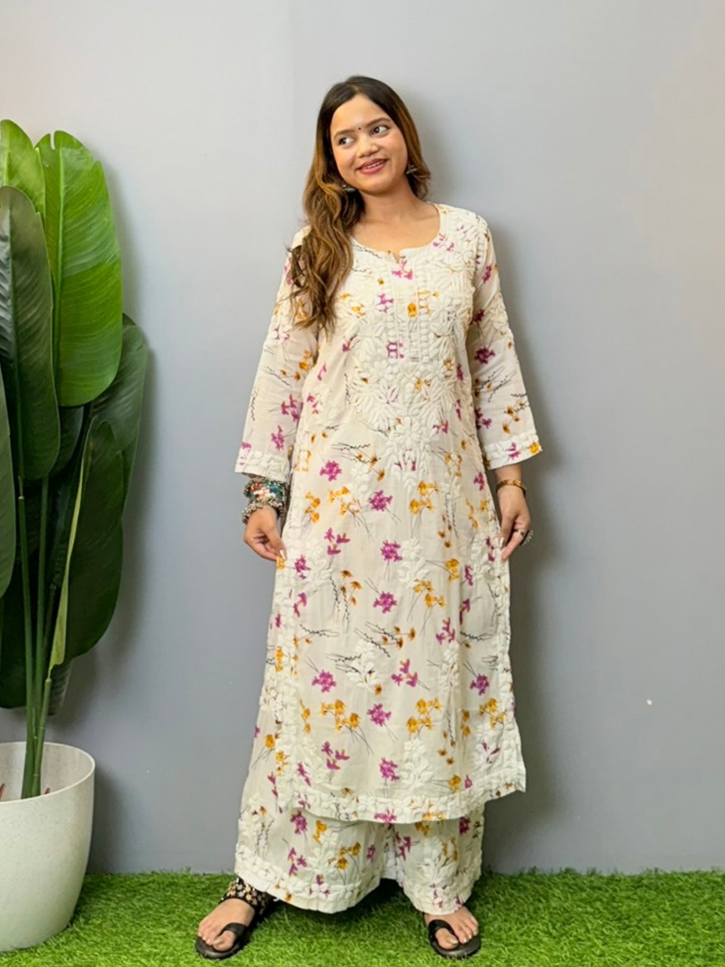 White mulmul chikankari kurta and palazzo set with multicolor floral print and 3D hand embroidery