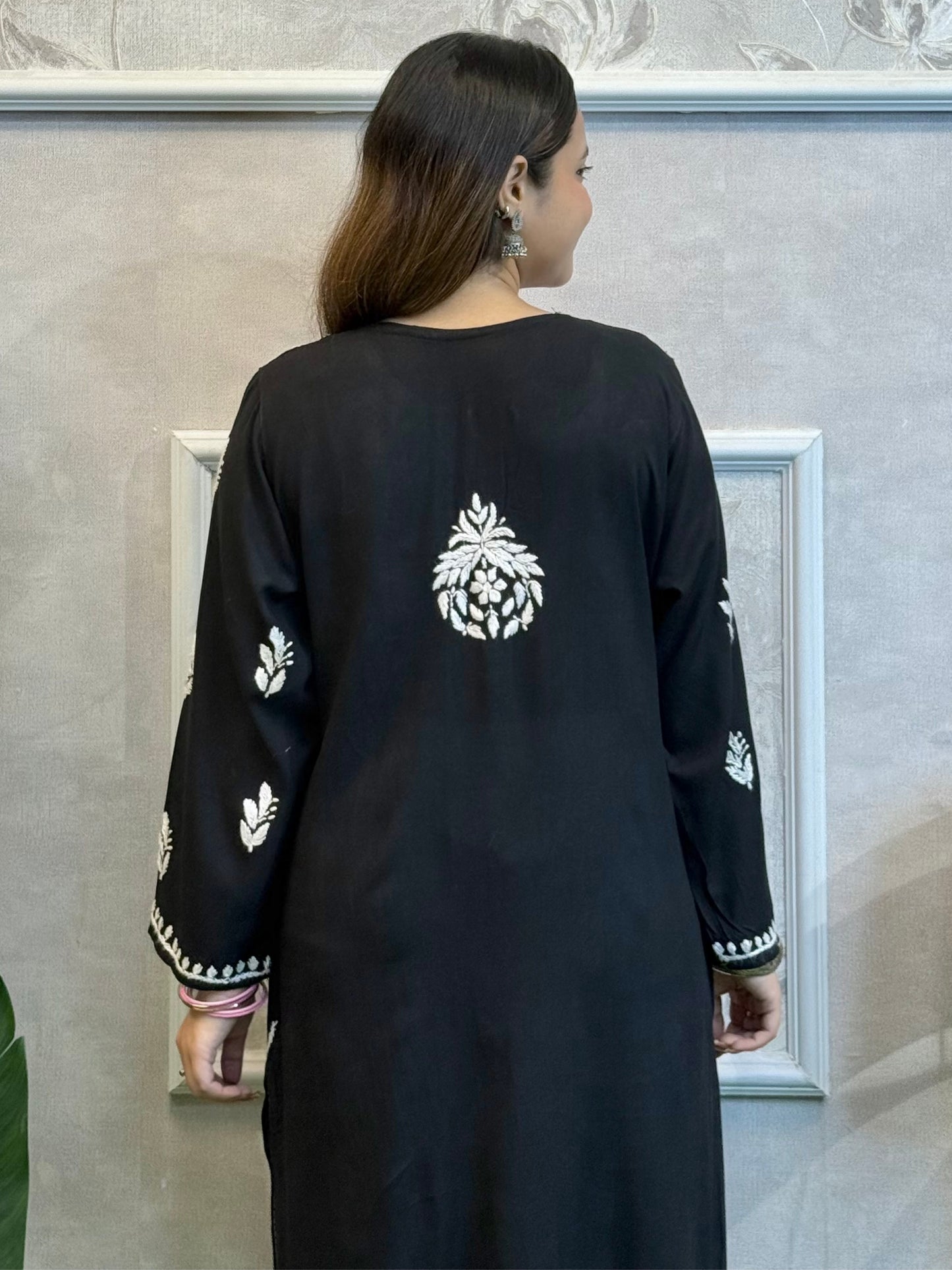 Black rayon Lucknow Chikankari kurta with white hand embroidery – soft and comfortable casual wear