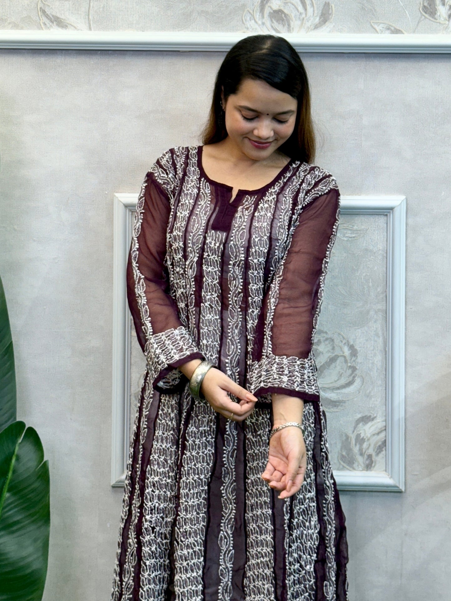 Maroon Lucknow Chikankari georgette kurta with hand embroidery, soft and elegant festive wear.