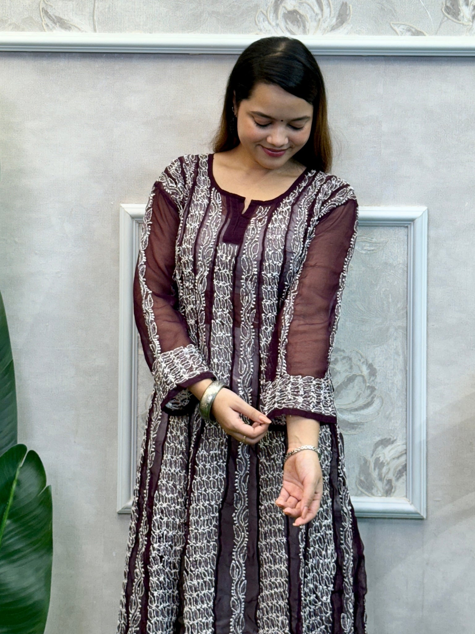 Maroon Lucknow Chikankari georgette kurta with hand embroidery, soft and elegant festive wear.