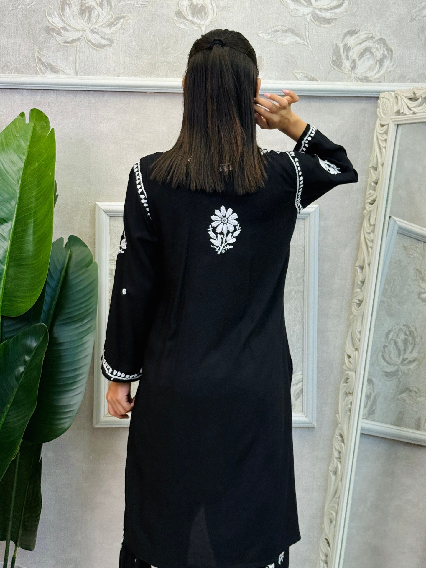 Black rayon chikankari kurta and Afghani pant set with white hand embroidery – soft and comfortable
