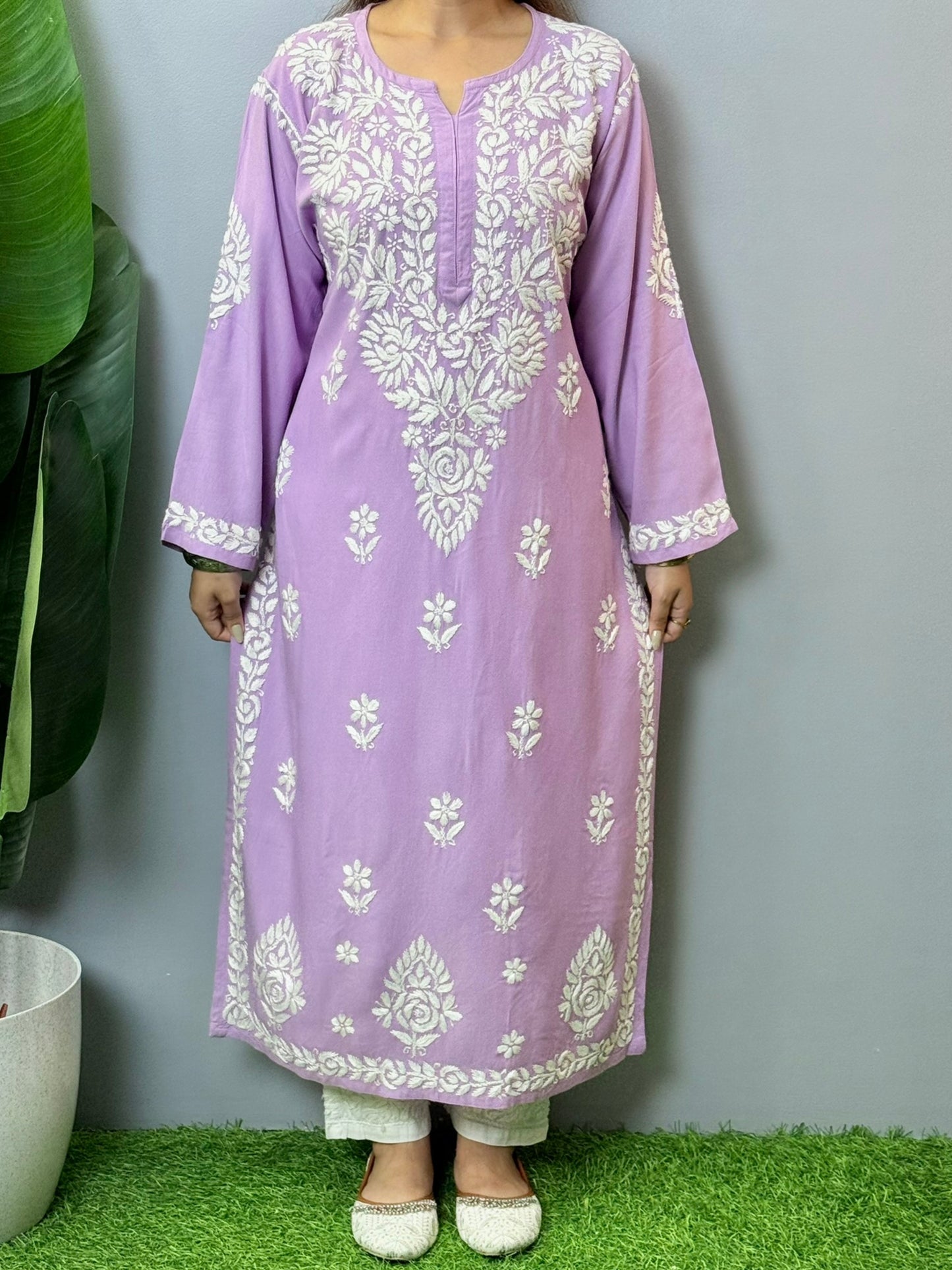 Lavender modal kurta with hand-embroidered white Chikankari in floral patterns