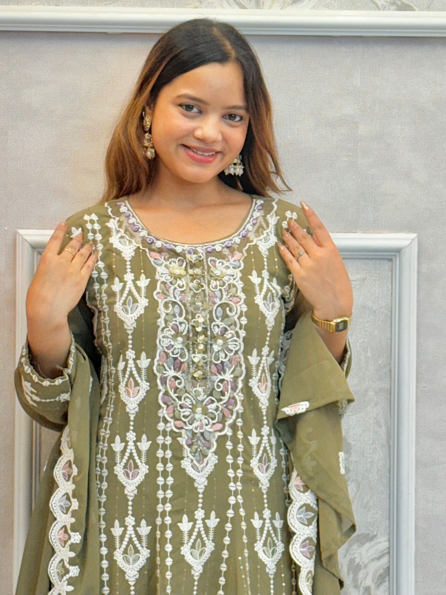 Olive green georgette flared kurta set with hand embroidery, satin pant, and embroidered dupatta – festive ethnic suit