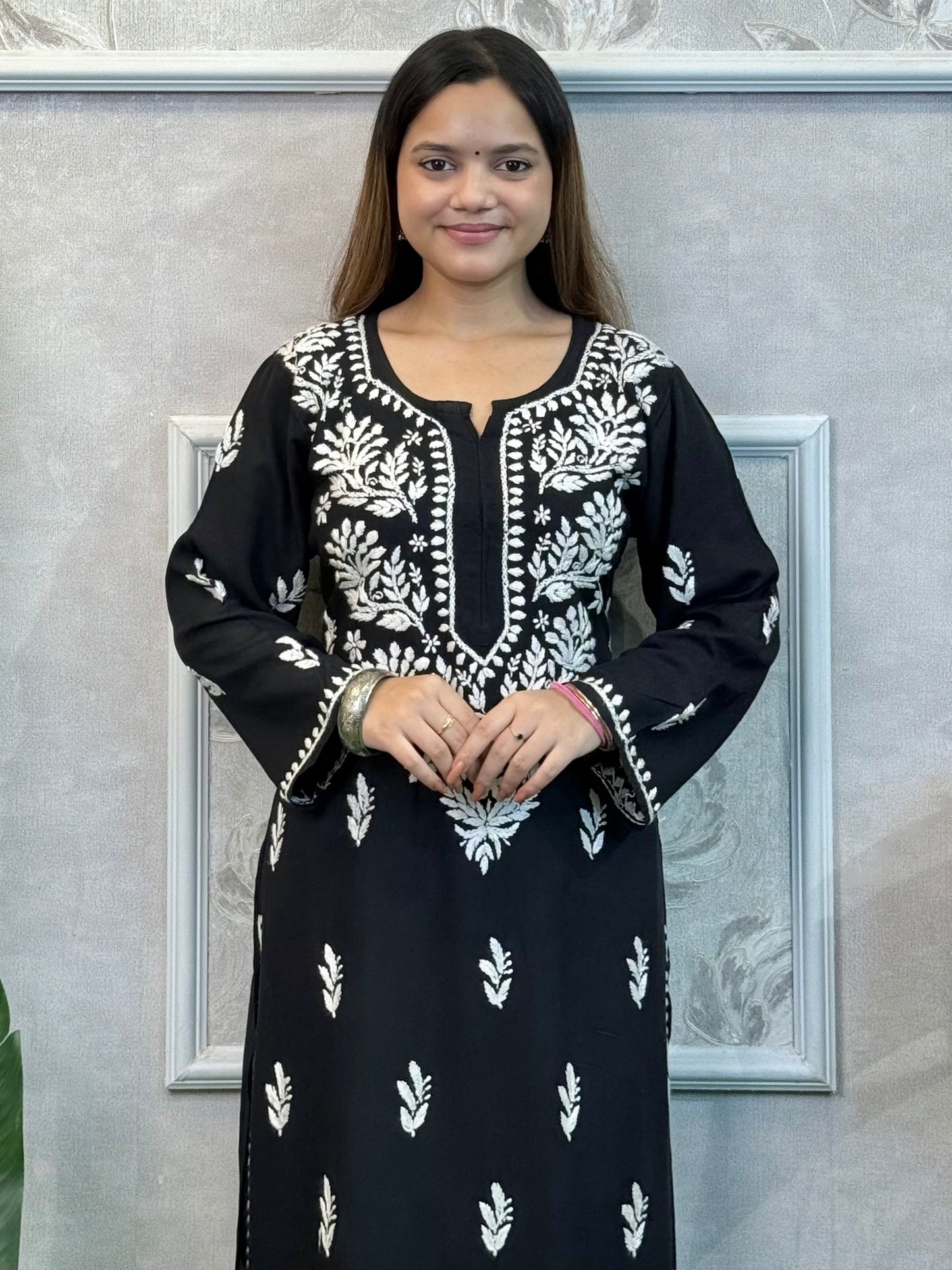 Black rayon Lucknow Chikankari kurta with white hand embroidery – soft and comfortable casual wear