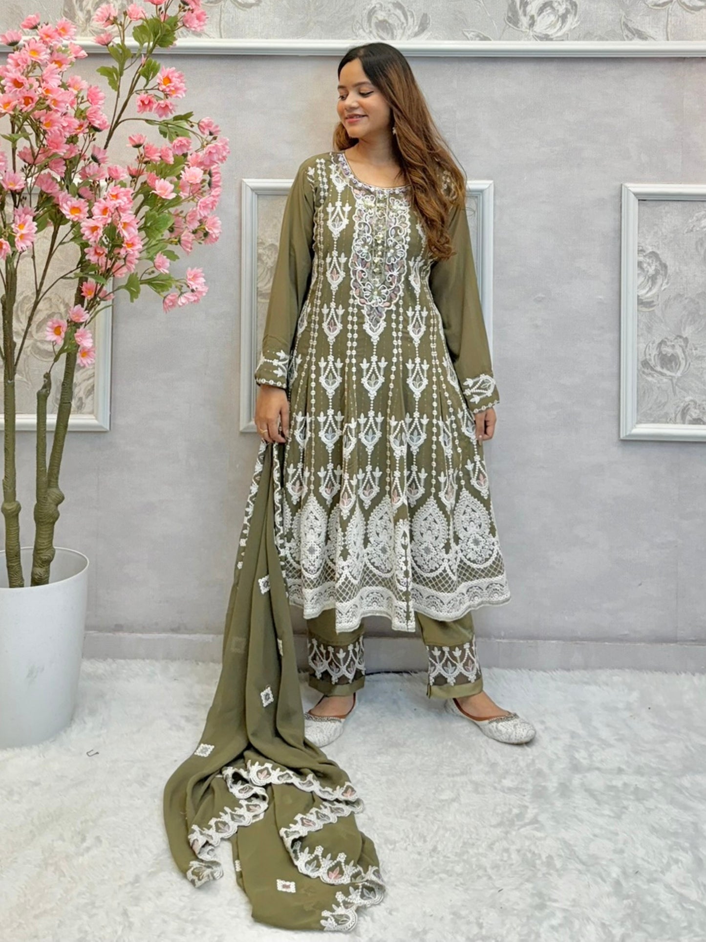 Olive green georgette flared kurta set with hand embroidery, satin pant, and embroidered dupatta – festive ethnic suit