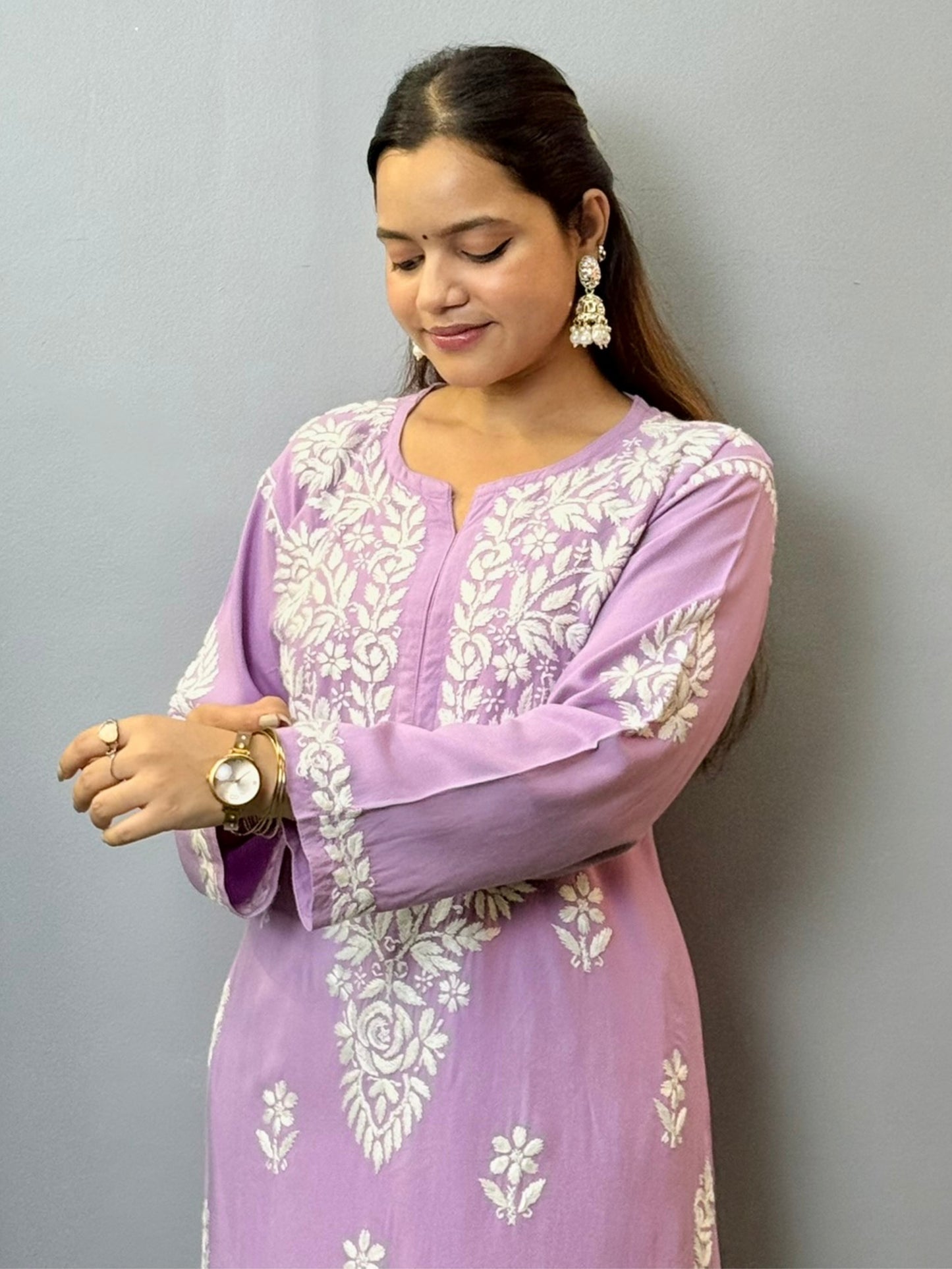 Lavender modal kurta with hand-embroidered white Chikankari in floral patterns