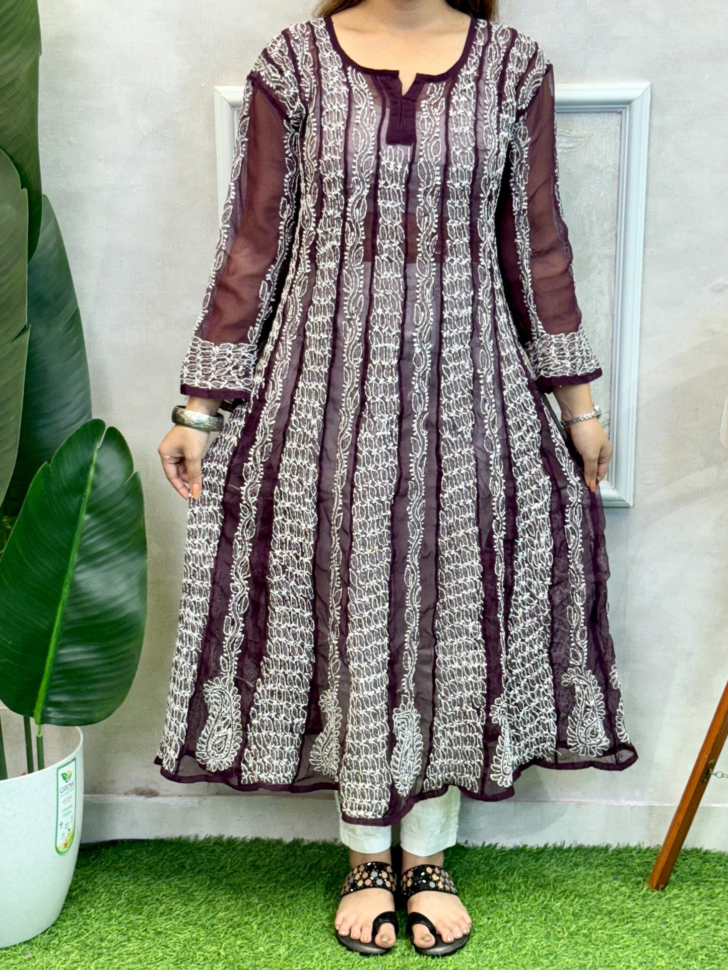 Maroon Lucknow Chikankari georgette kurta with hand embroidery, soft and elegant festive wear.