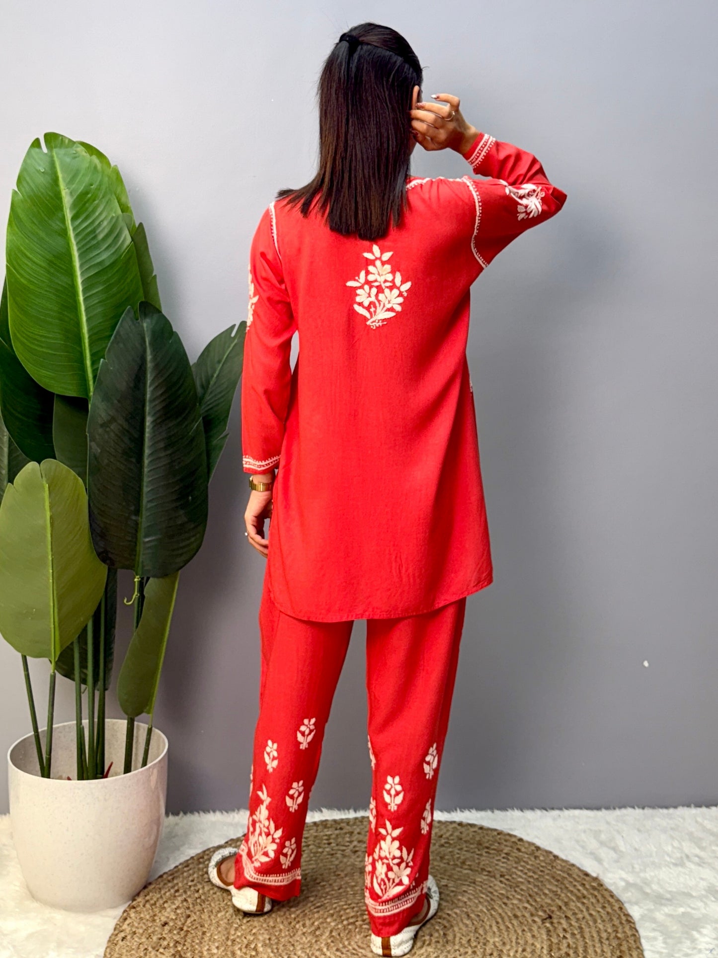 Red rayon chikankari short kurta and pant set with printed design and hand embroidery