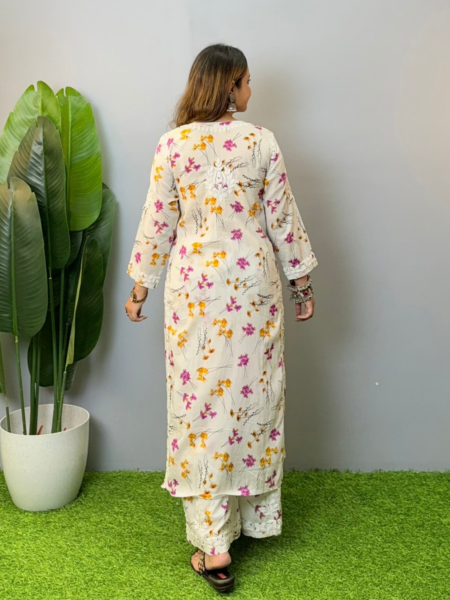 White mulmul chikankari kurta and palazzo set with multicolor floral print and 3D hand embroidery