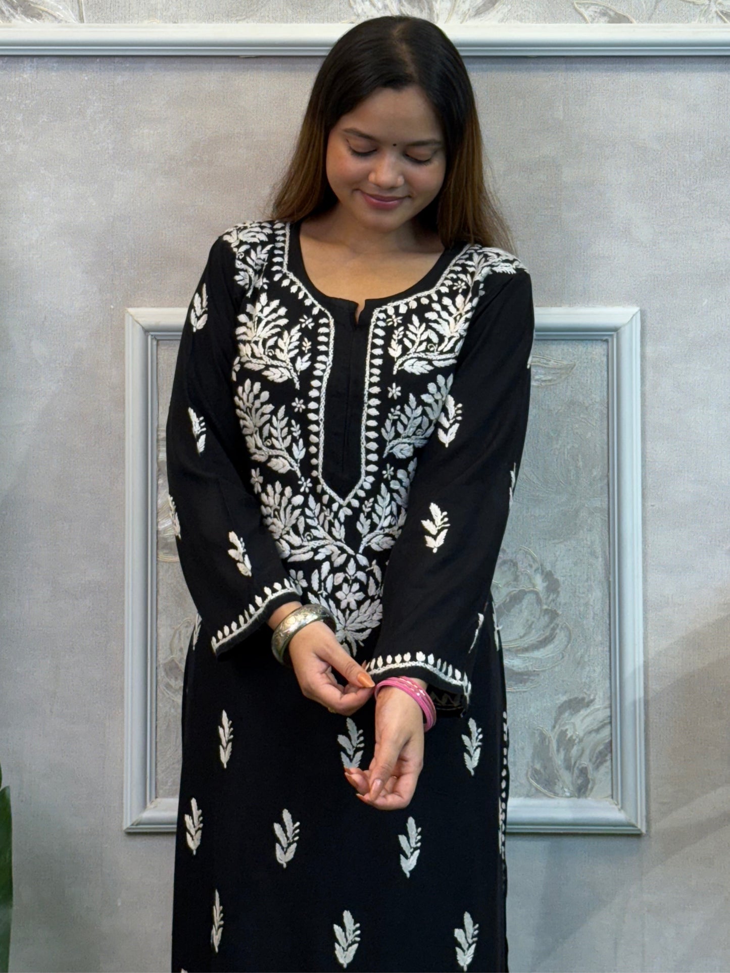 Black rayon Lucknow Chikankari kurta with white hand embroidery – soft and comfortable casual wear