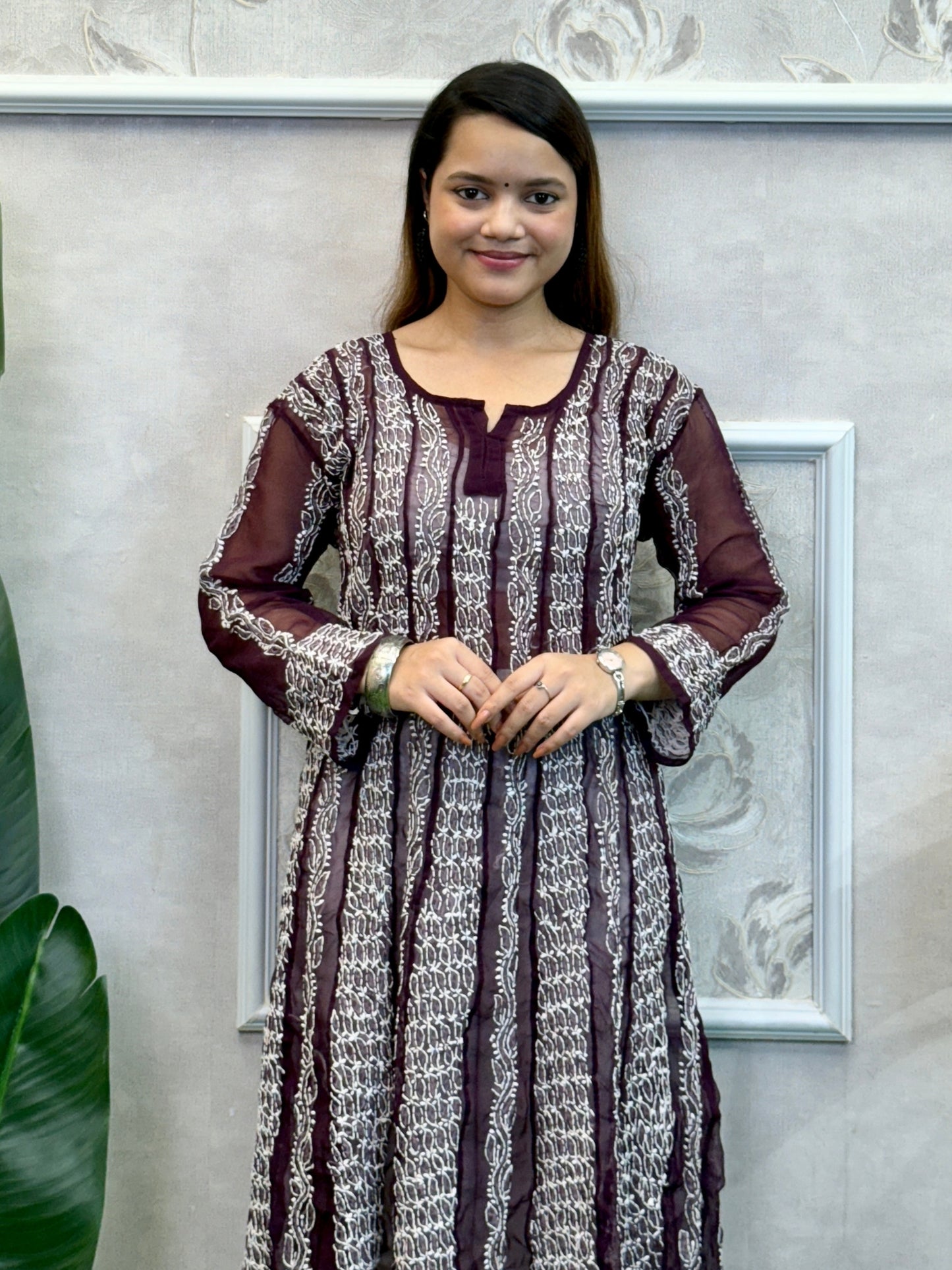 Maroon Lucknow Chikankari georgette kurta with hand embroidery, soft and elegant festive wear.