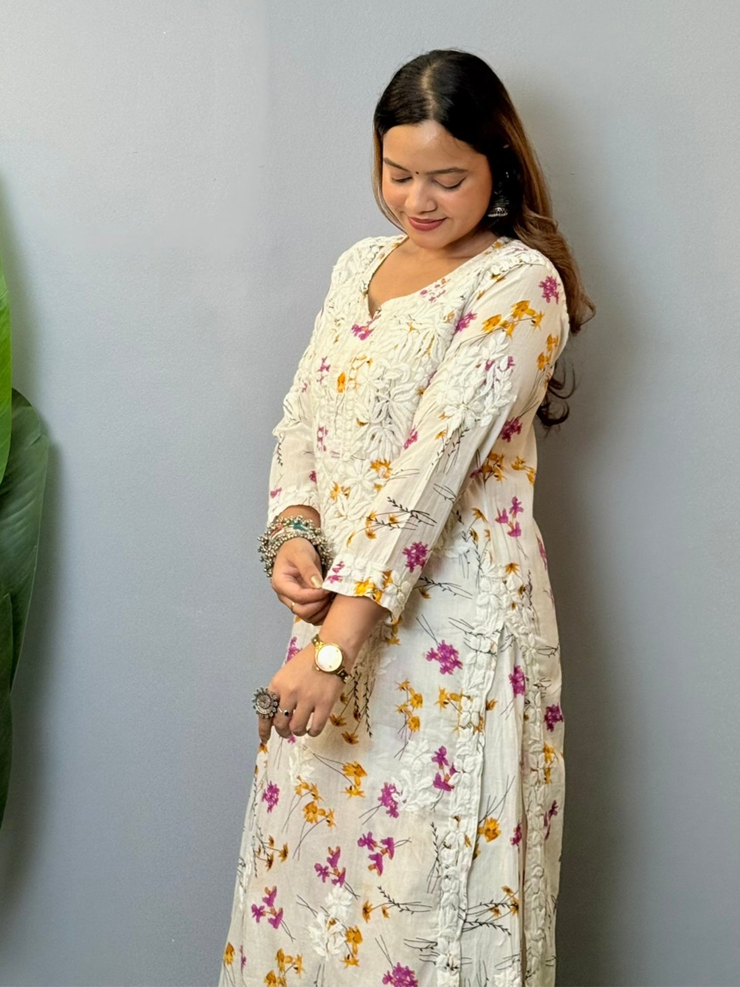 White mulmul chikankari kurta and palazzo set with multicolor floral print and 3D hand embroidery