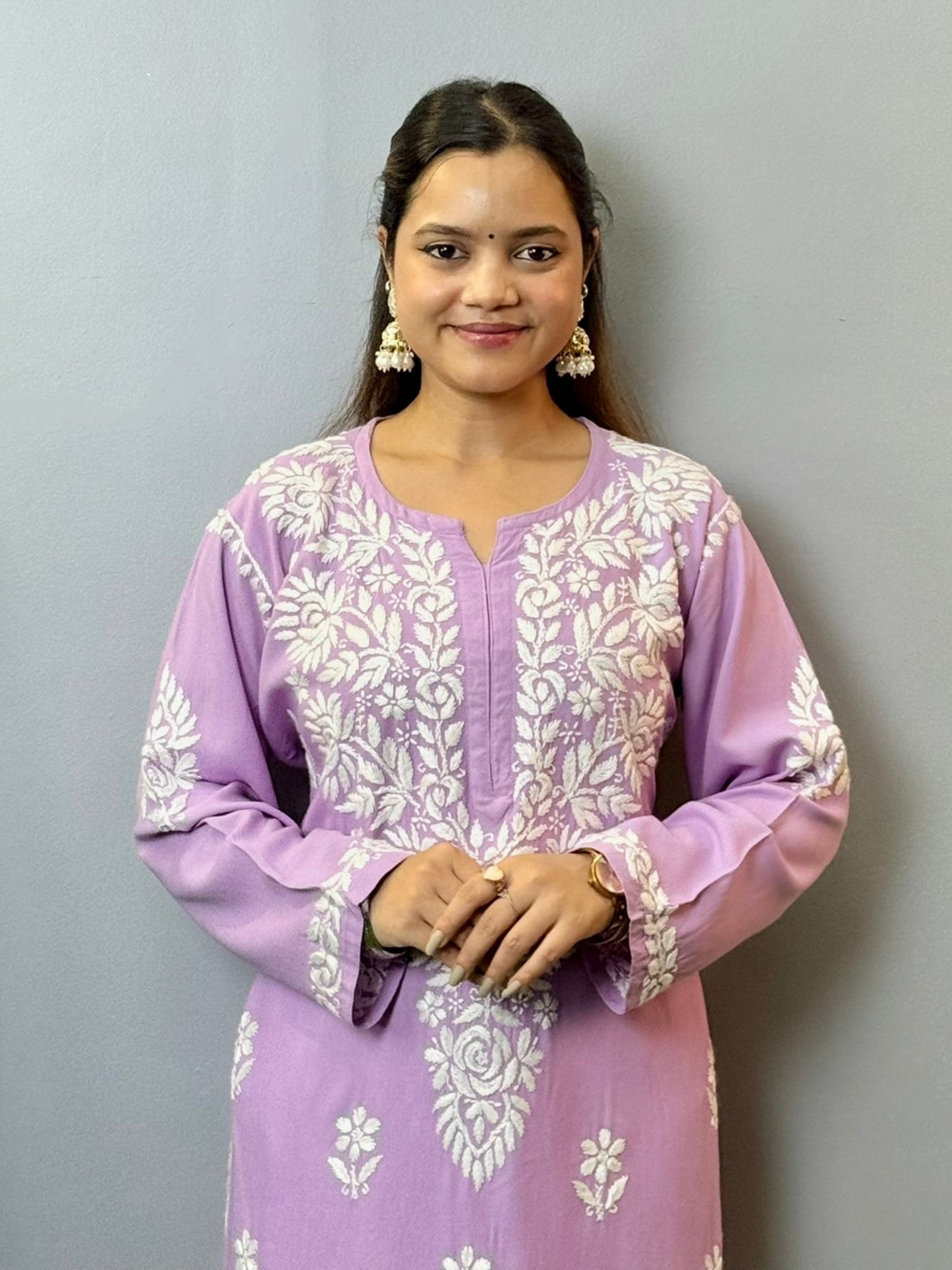 Lavender modal kurta with hand-embroidered white Chikankari in floral patterns