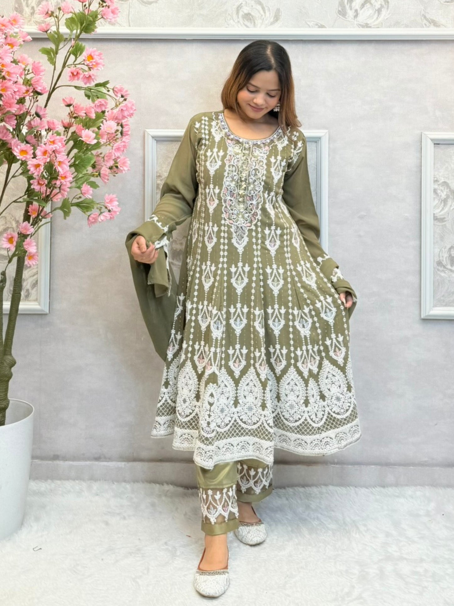 Olive green georgette flared kurta set with hand embroidery, satin pant, and embroidered dupatta – festive ethnic suit