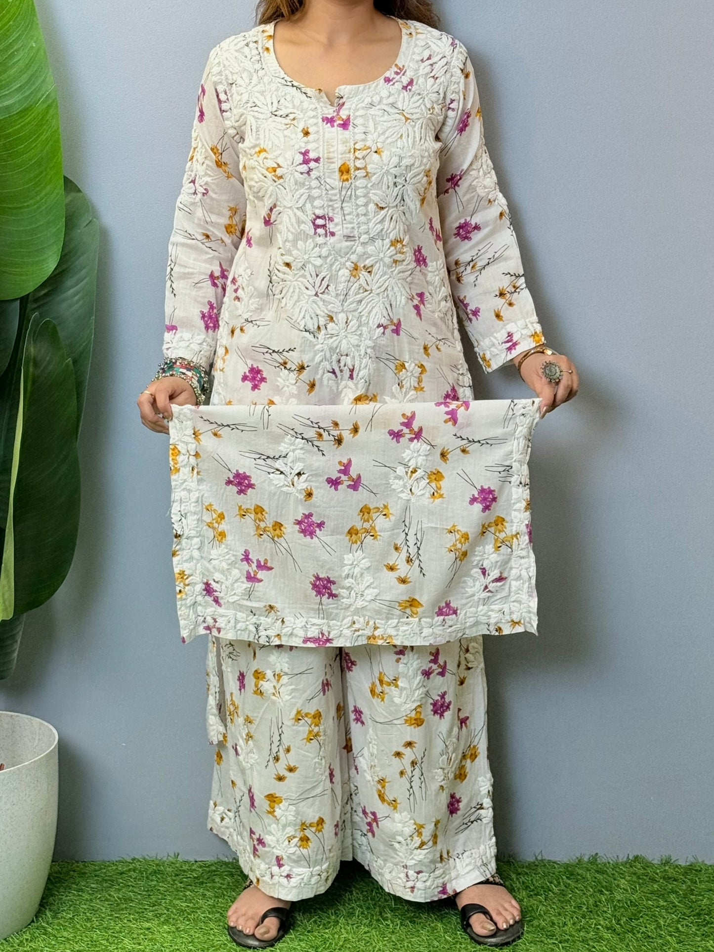 White mulmul chikankari kurta and palazzo set with multicolor floral print and 3D hand embroidery
