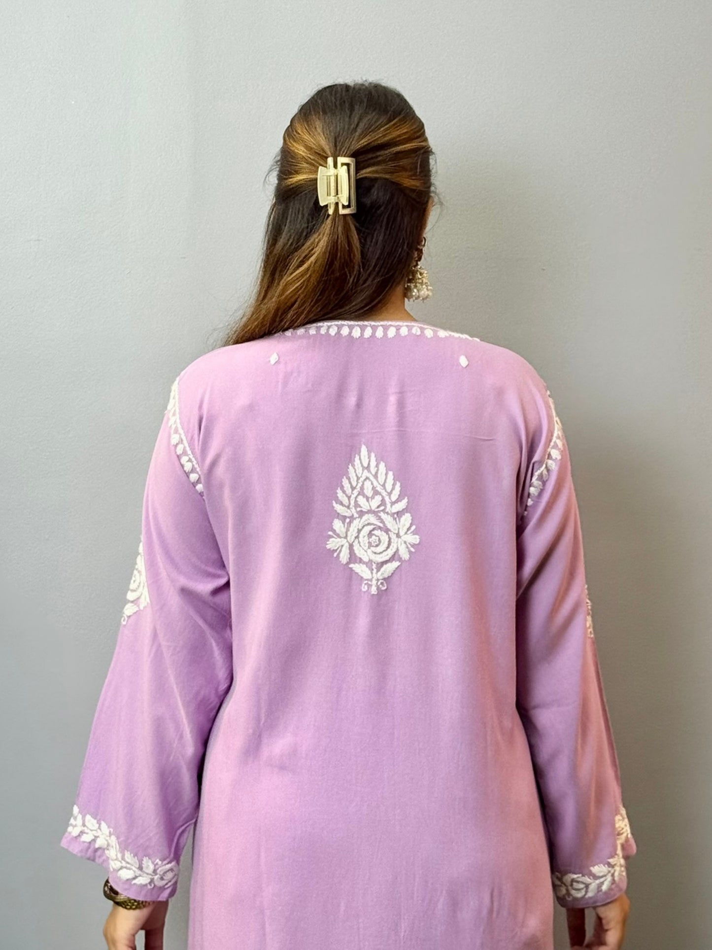 Lavender modal kurta with hand-embroidered white Chikankari in floral patterns