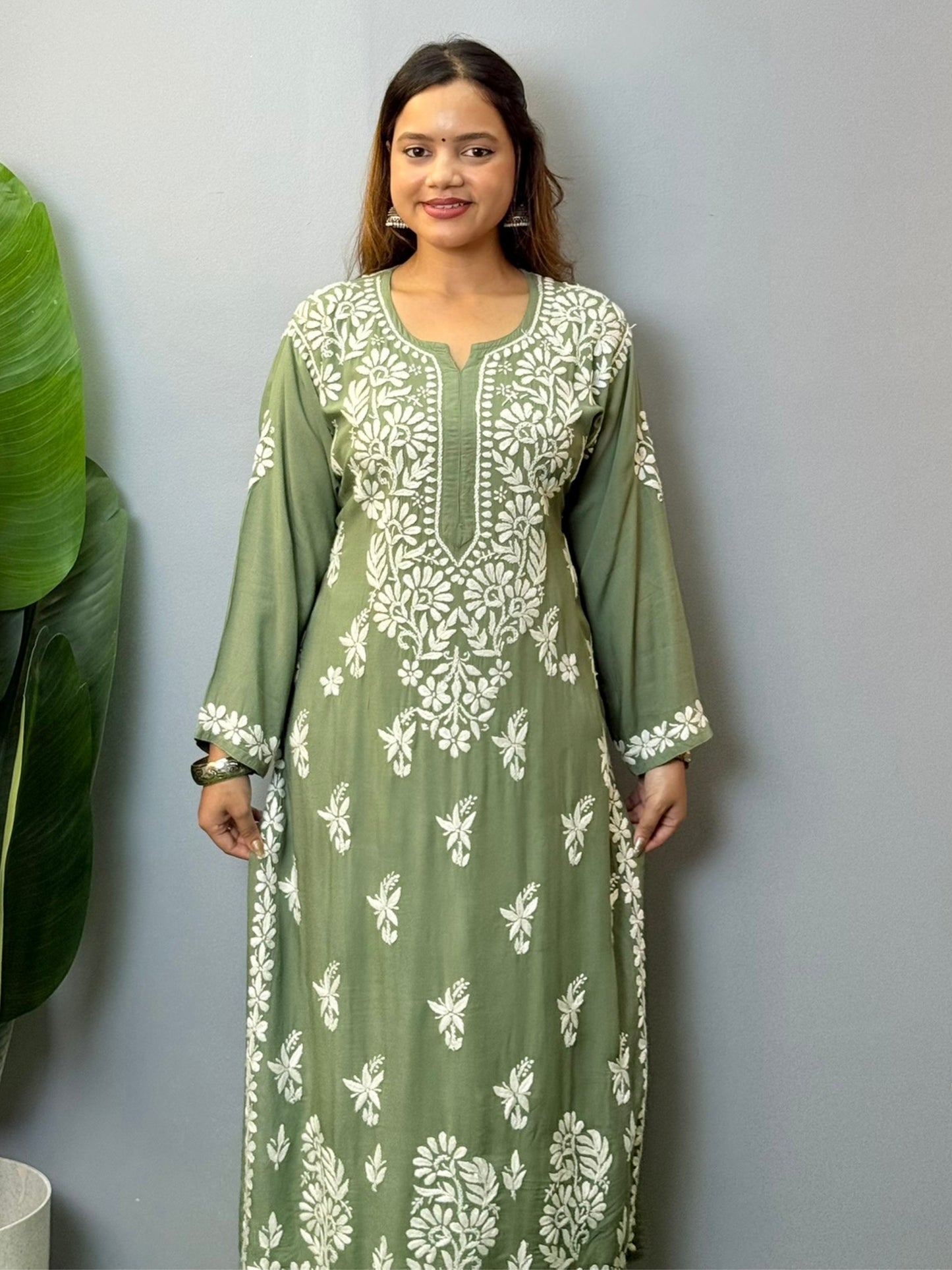 Sage green modal chikankari kurta and palazzo set with white hand embroidery
